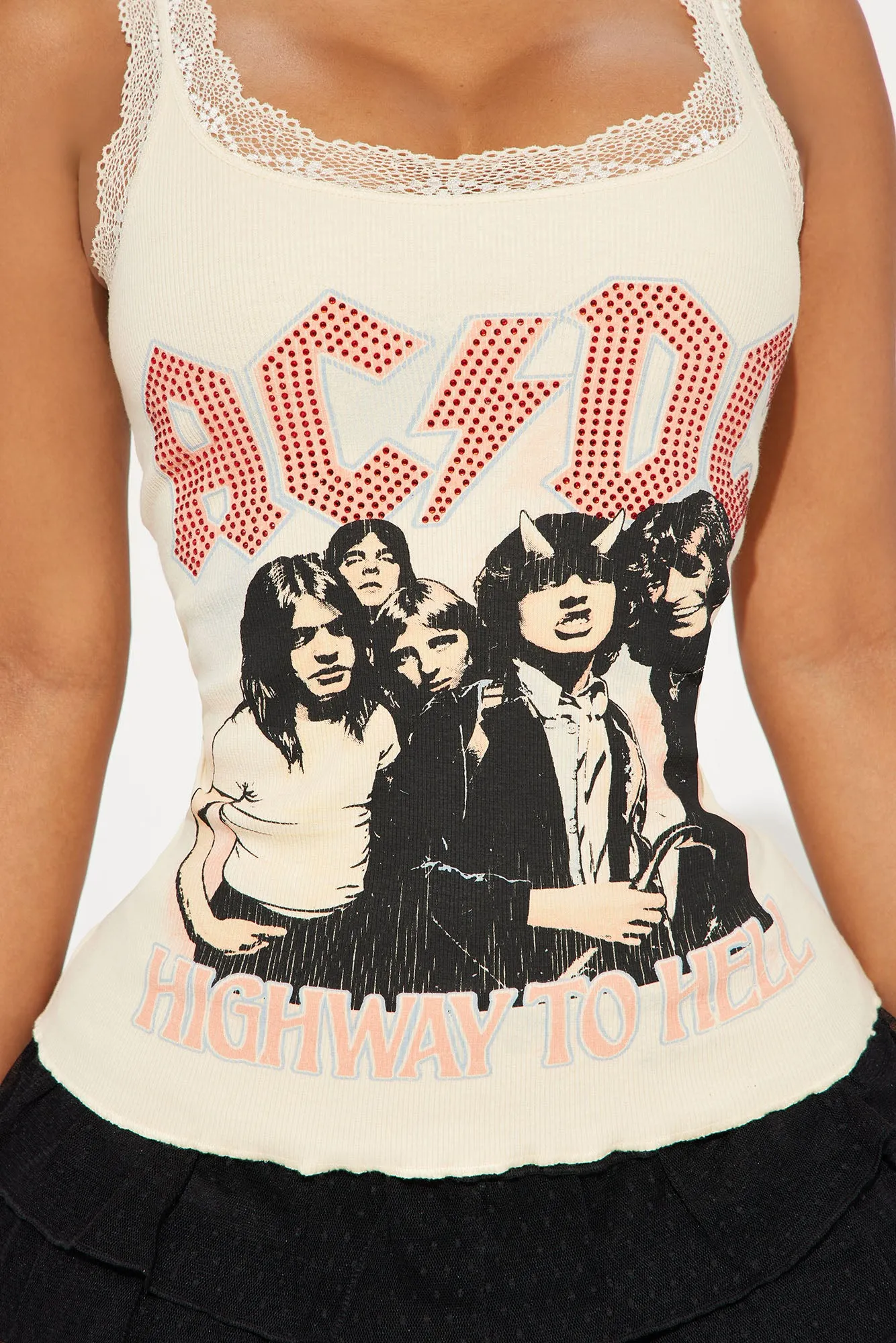 ACDC Highway To Hell Washed Lace Tank Top - Off  White/combo