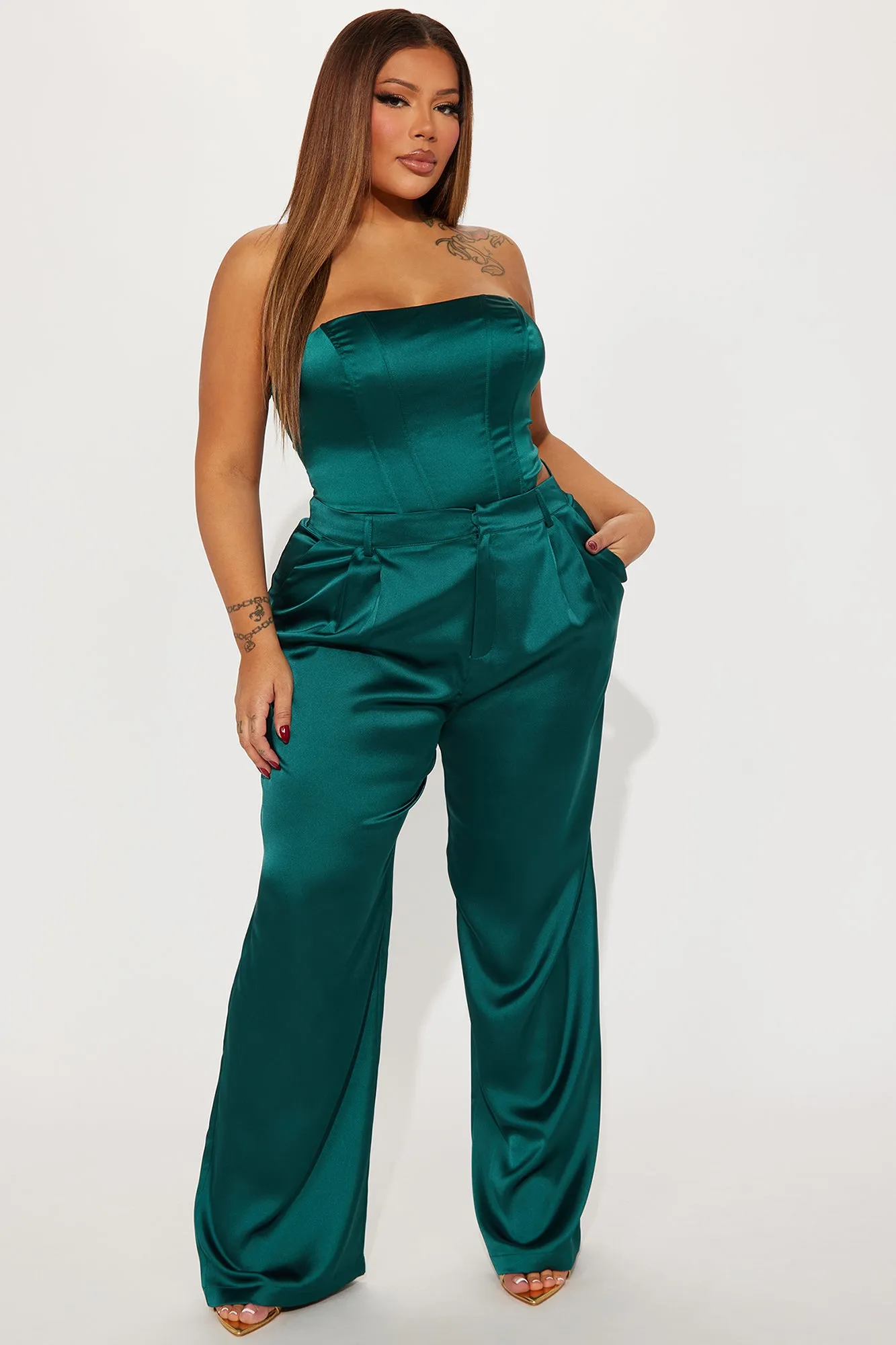 Adriana Satin Pant Set - Hunter