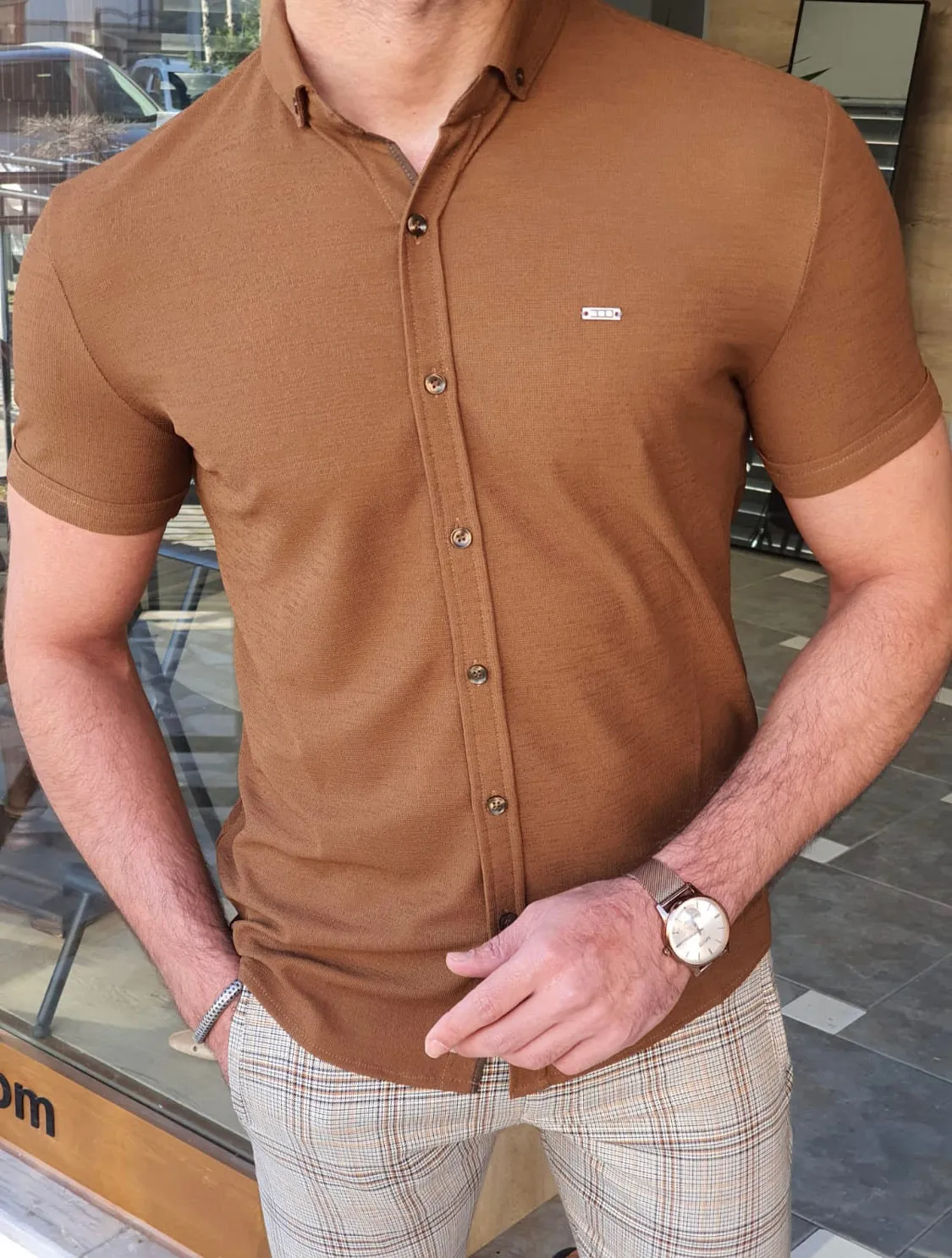 Akron Camel Slim Fit Short Sleeve Shirt