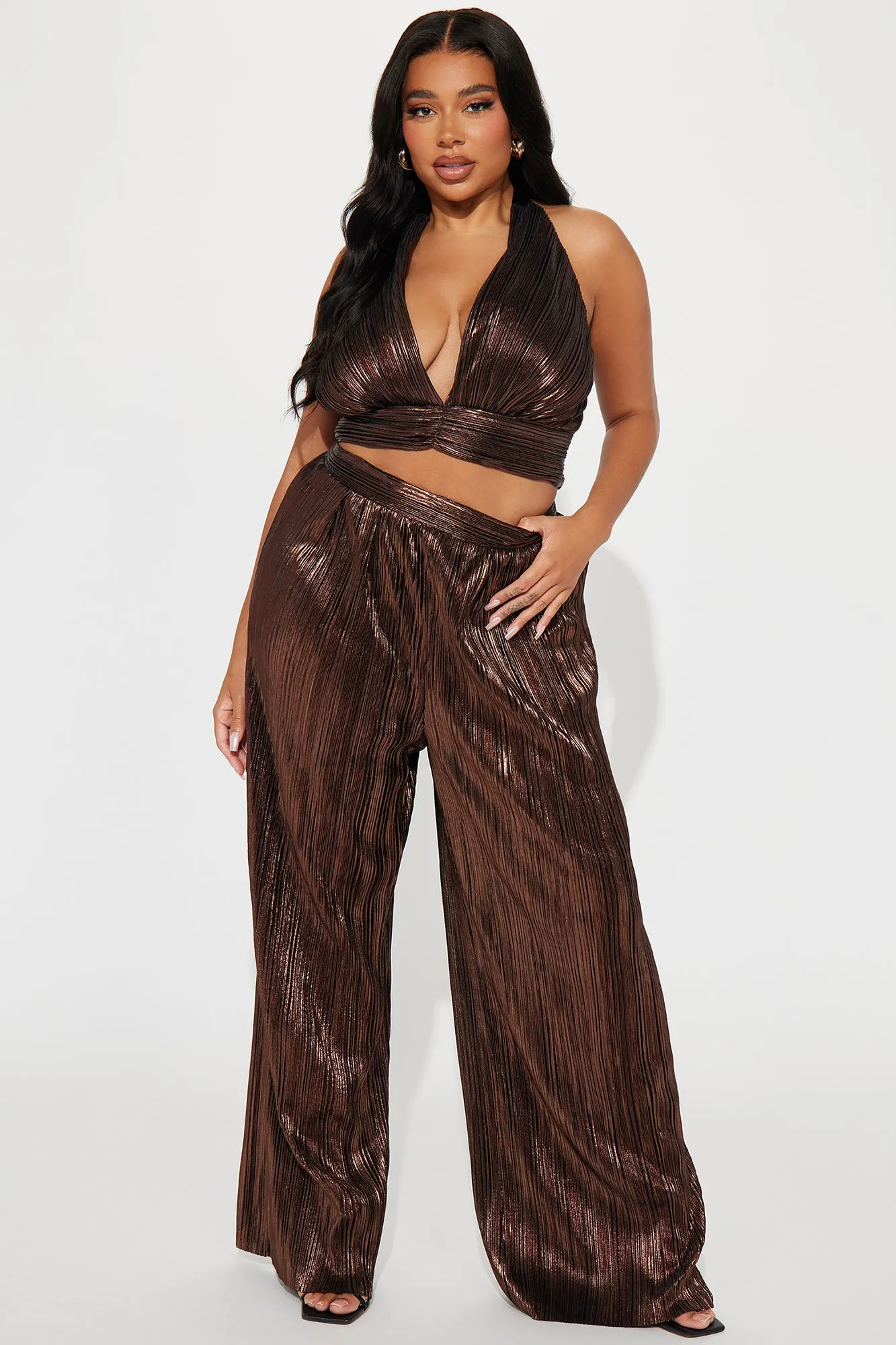 Alisha Metallic Pant Set - Chocolate