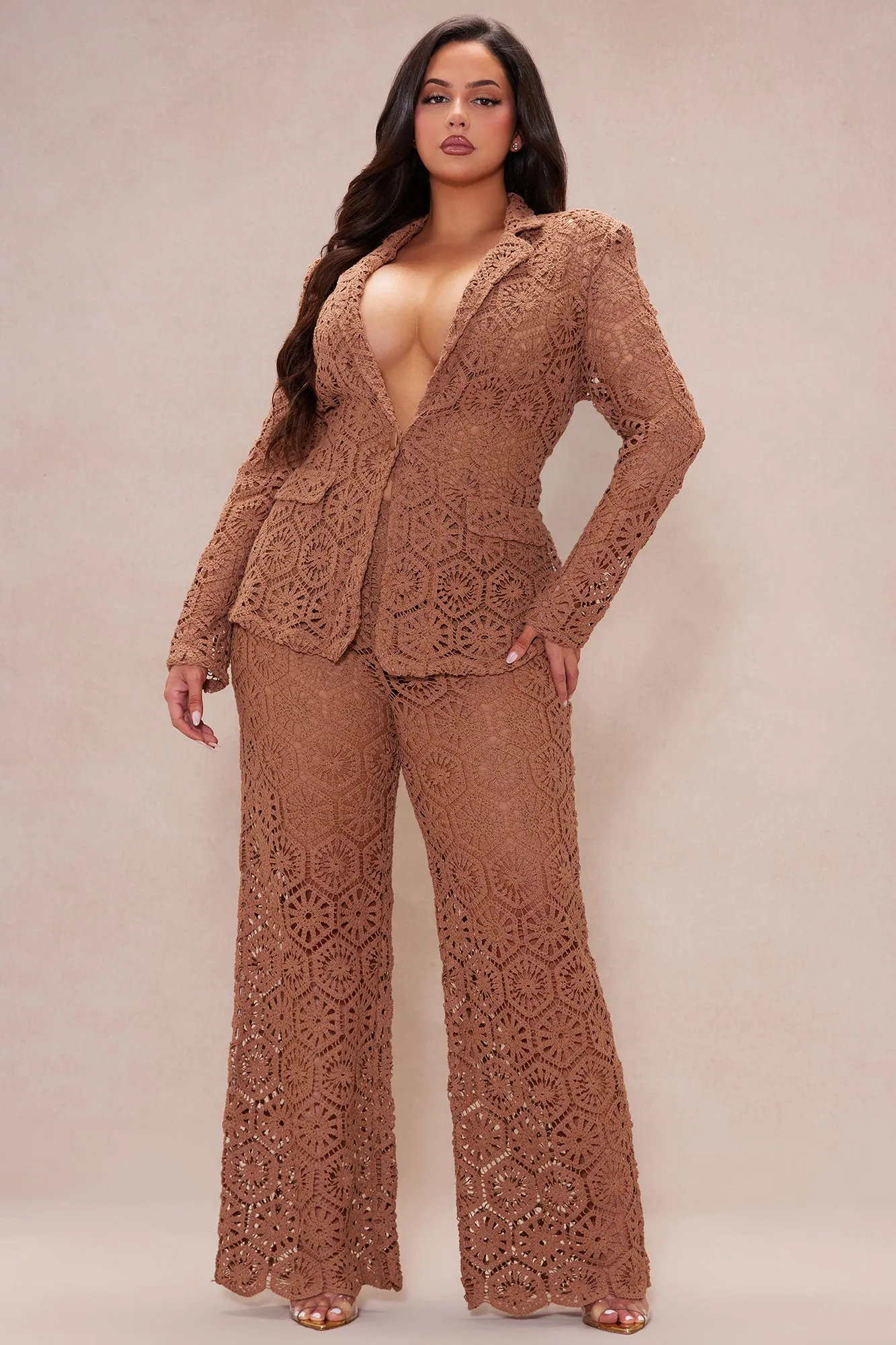 Amalfi Crochet Blazer Suit Set - Chocolate