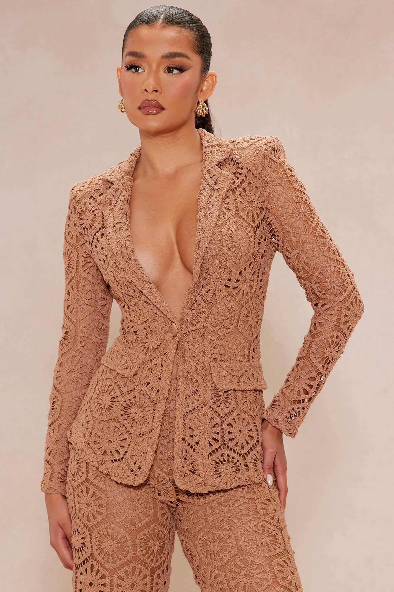 Amalfi Crochet Blazer Suit Set - Chocolate