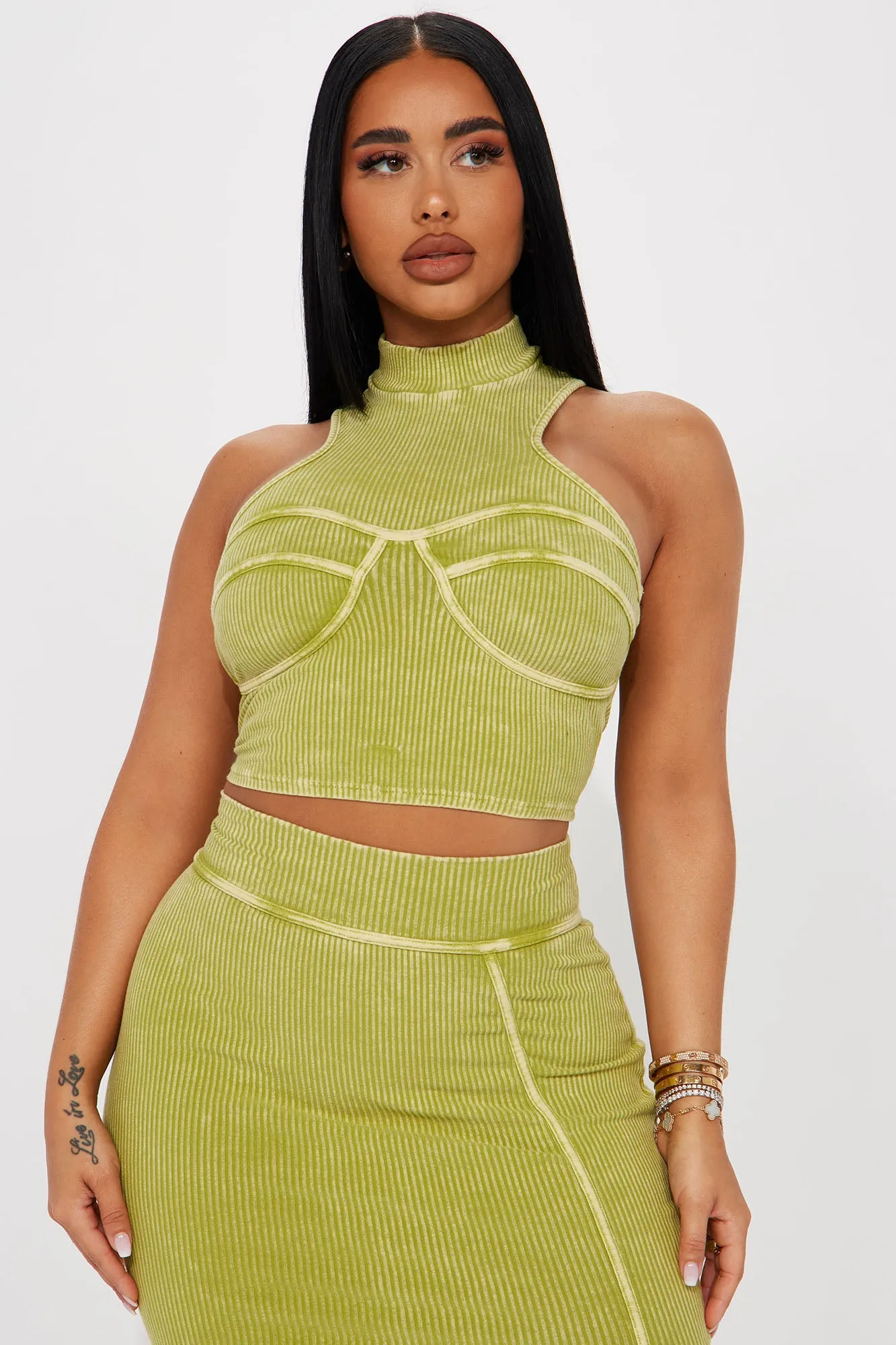 Anisa Ribbed Skirt Set - Lime