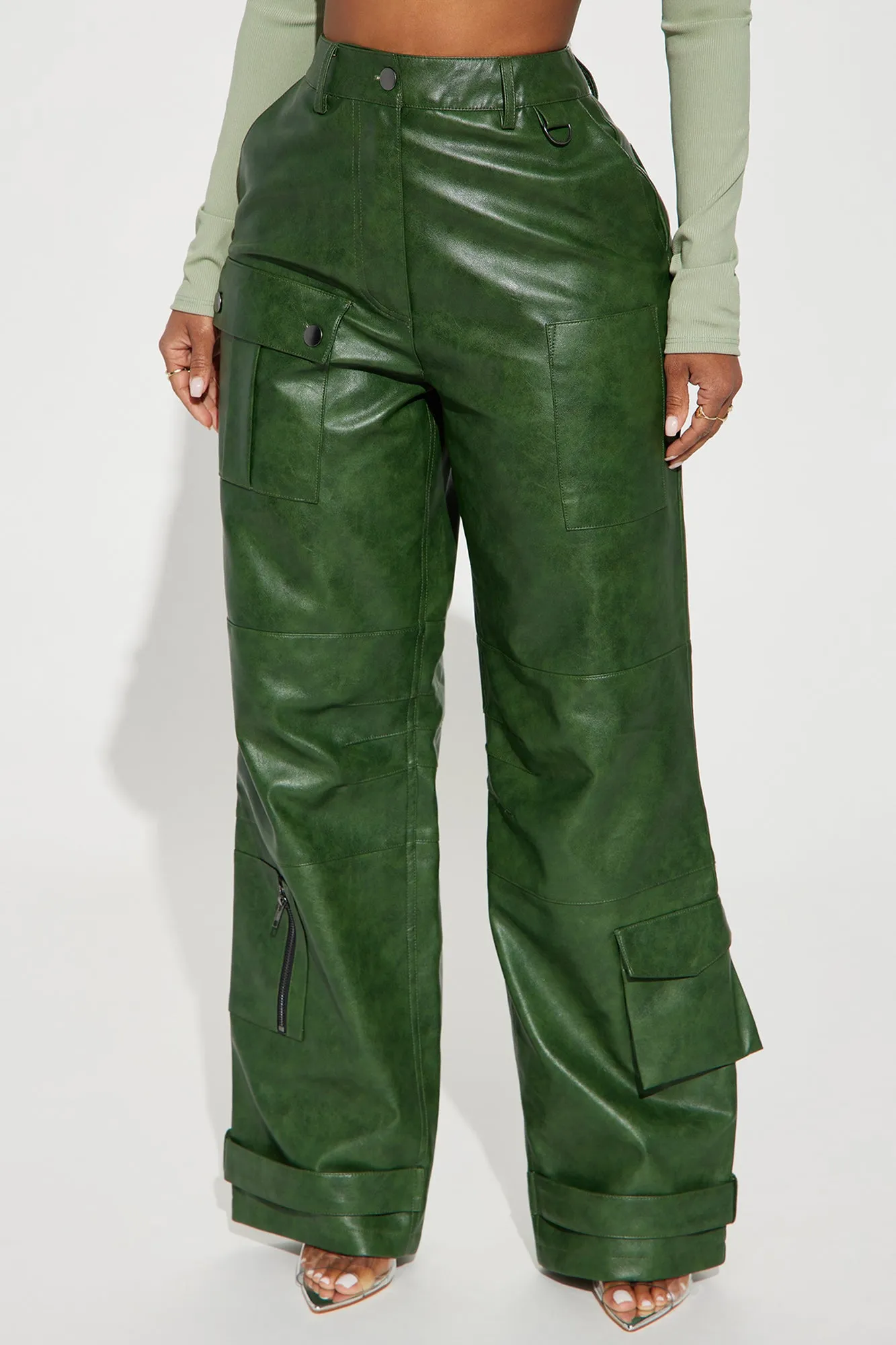 Aviva Washed Faux Leather Cargo Pant - Hunter