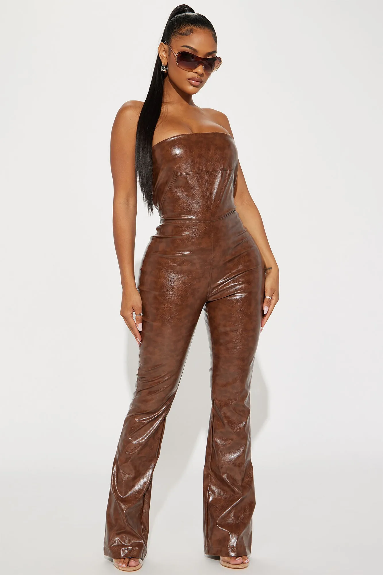 Azaria Faux Leather Jumpsuit - Brown