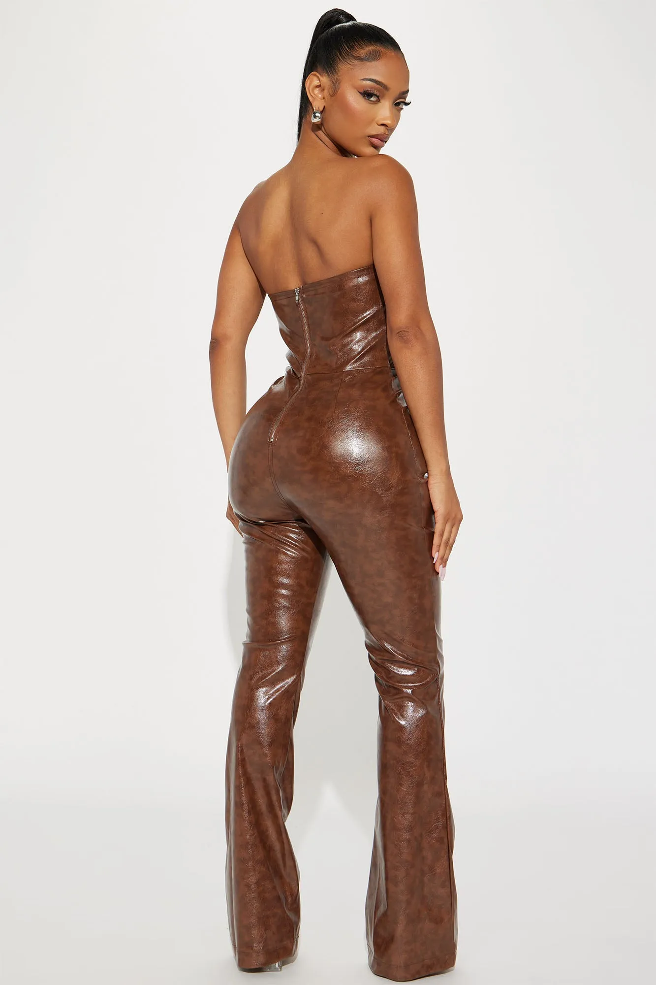 Azaria Faux Leather Jumpsuit - Brown