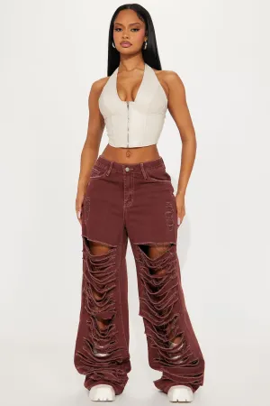 Big Dreams Non Stretch Ripped Wide Leg Baggy Jean - Burgundy