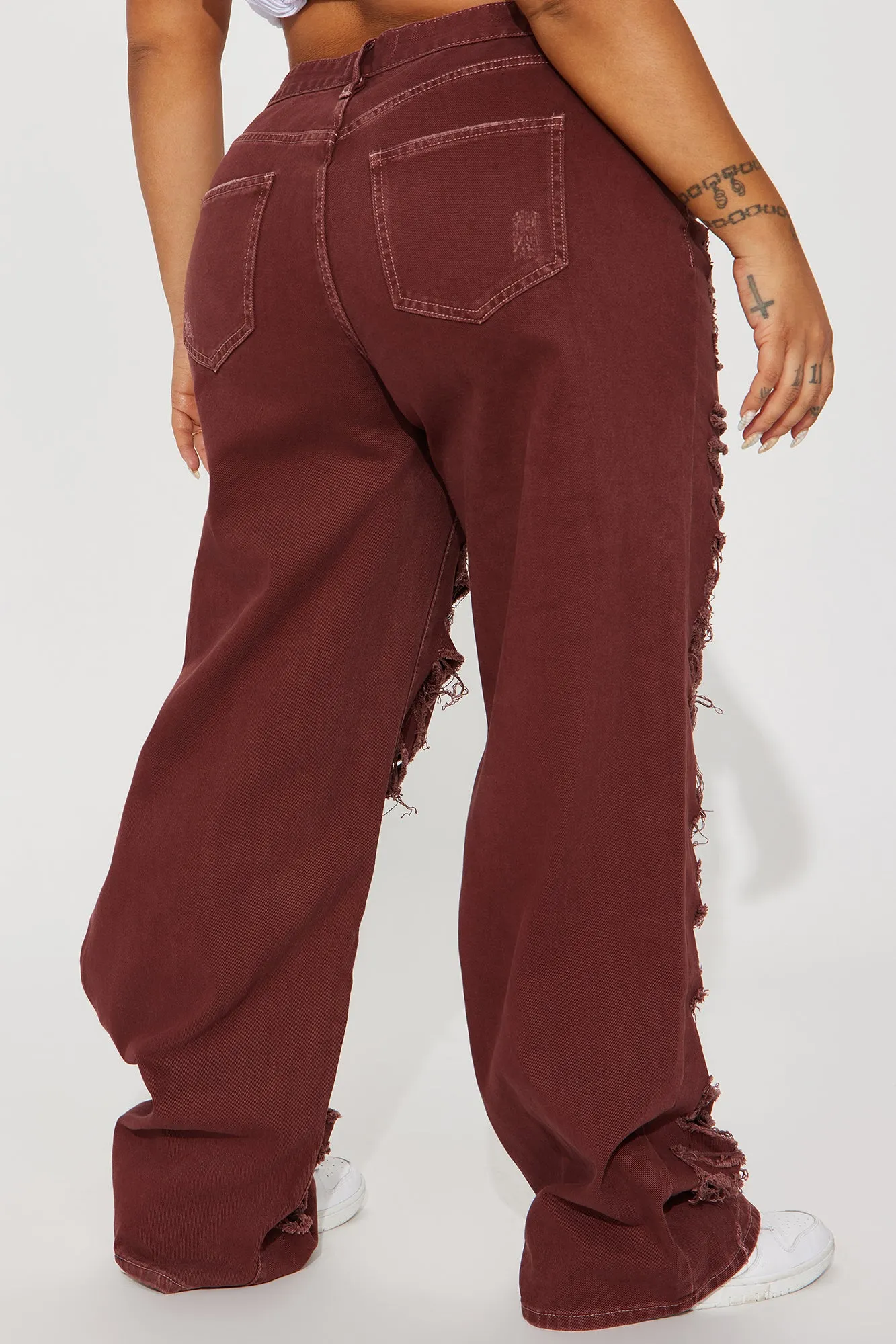 Big Dreams Non Stretch Ripped Wide Leg Baggy Jean - Burgundy