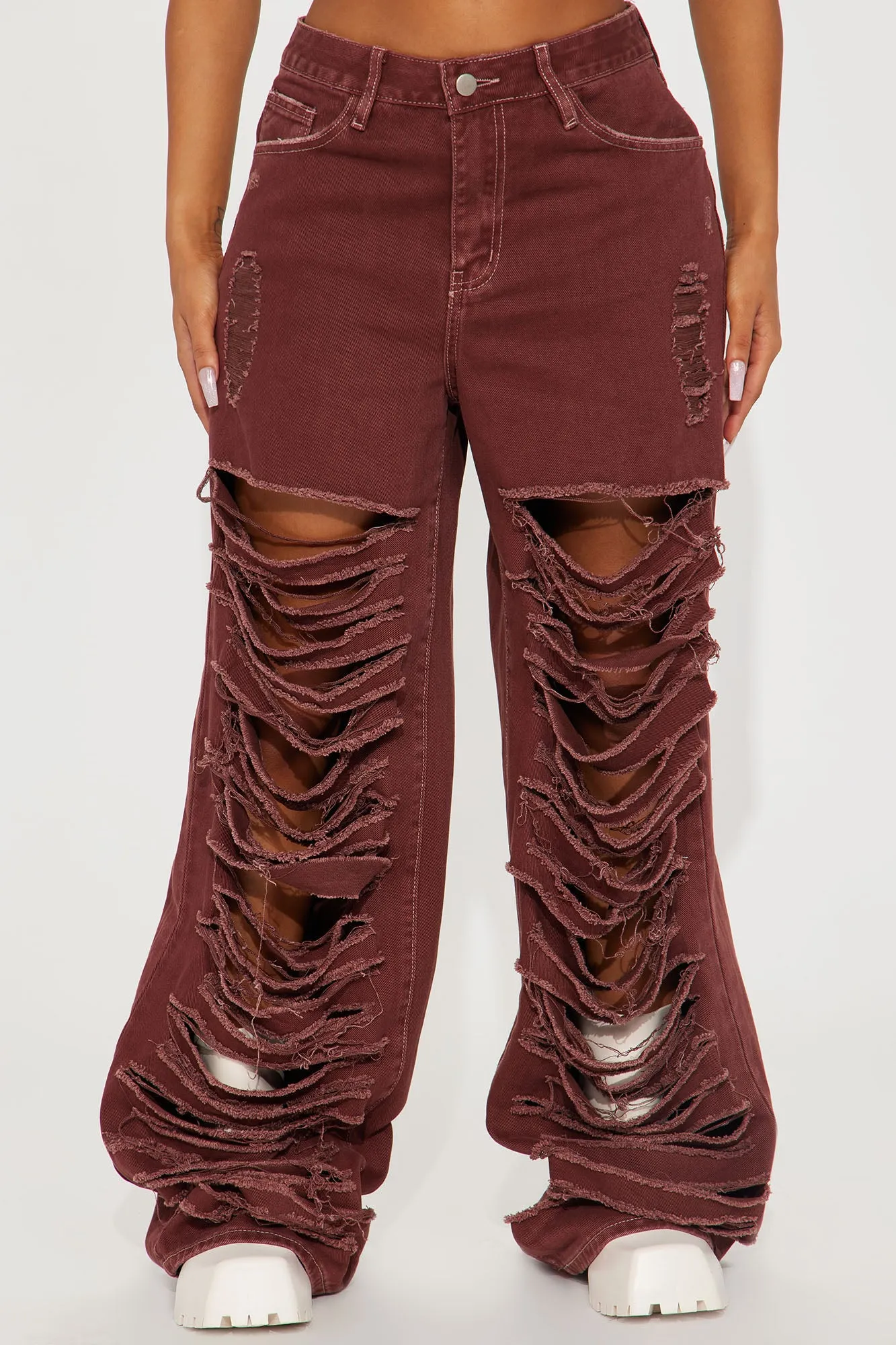 Big Dreams Non Stretch Ripped Wide Leg Baggy Jean - Burgundy