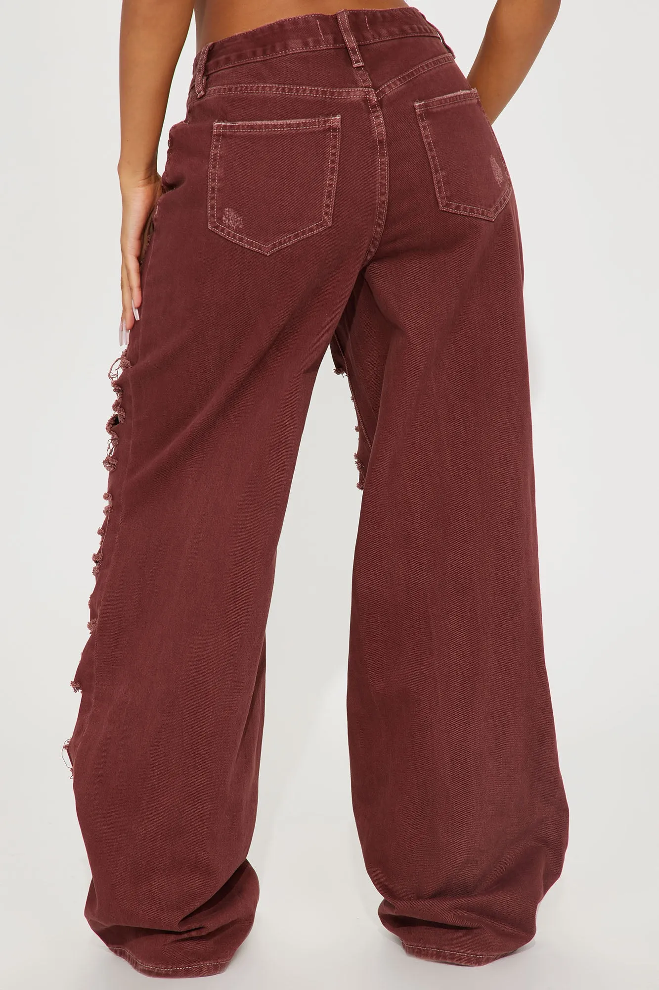 Big Dreams Non Stretch Ripped Wide Leg Baggy Jean - Burgundy