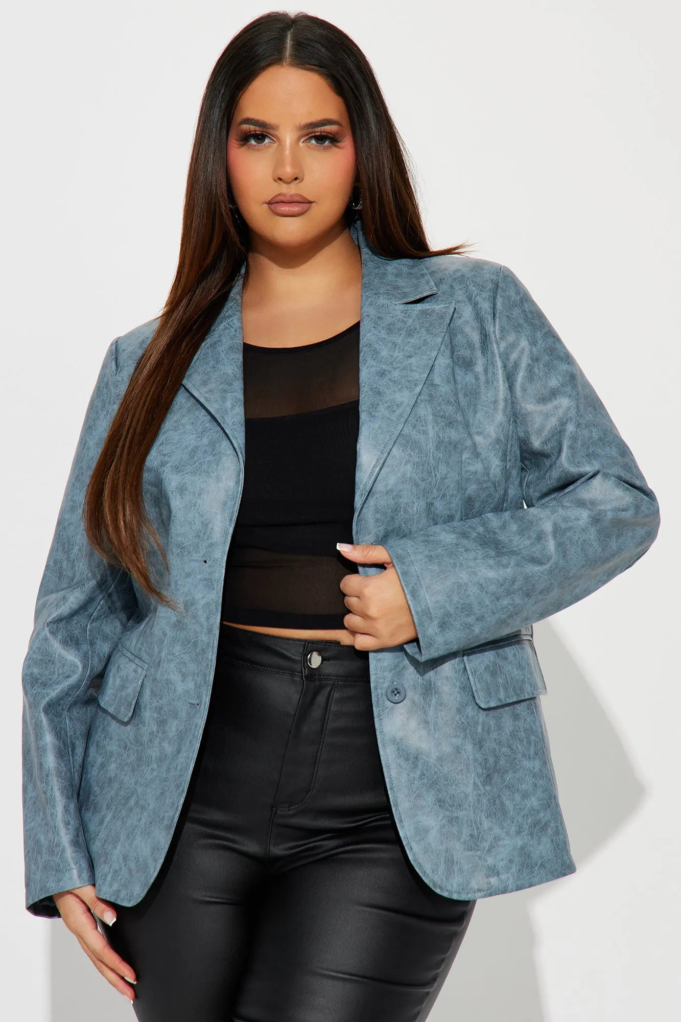 Blaire Washed Faux Leather Blazer - Blue