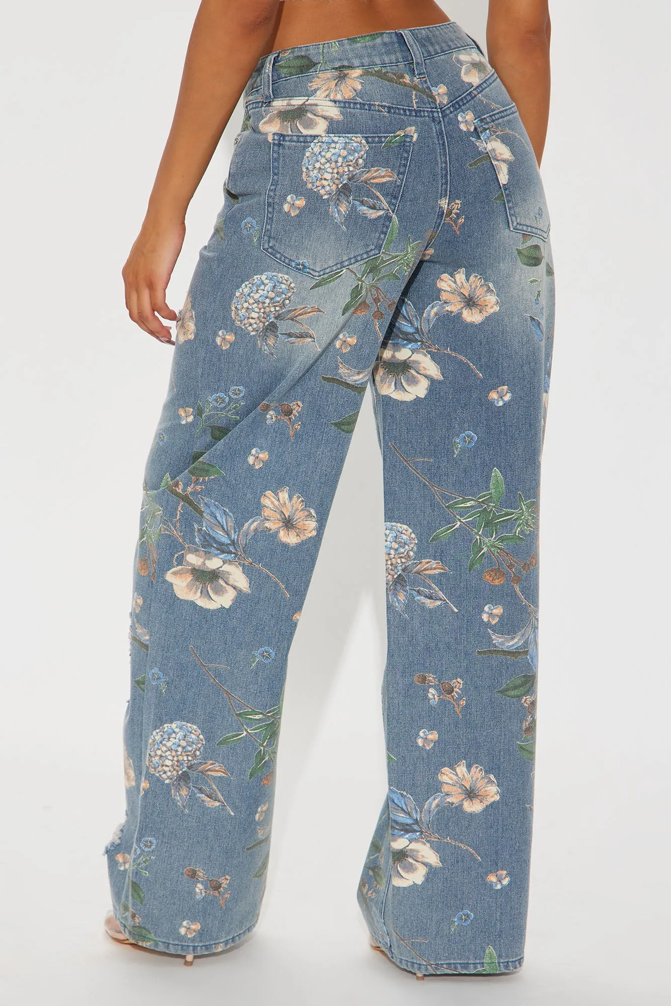 Blooming Love Floral Ripped Wide Leg Jeans - Medium Wash