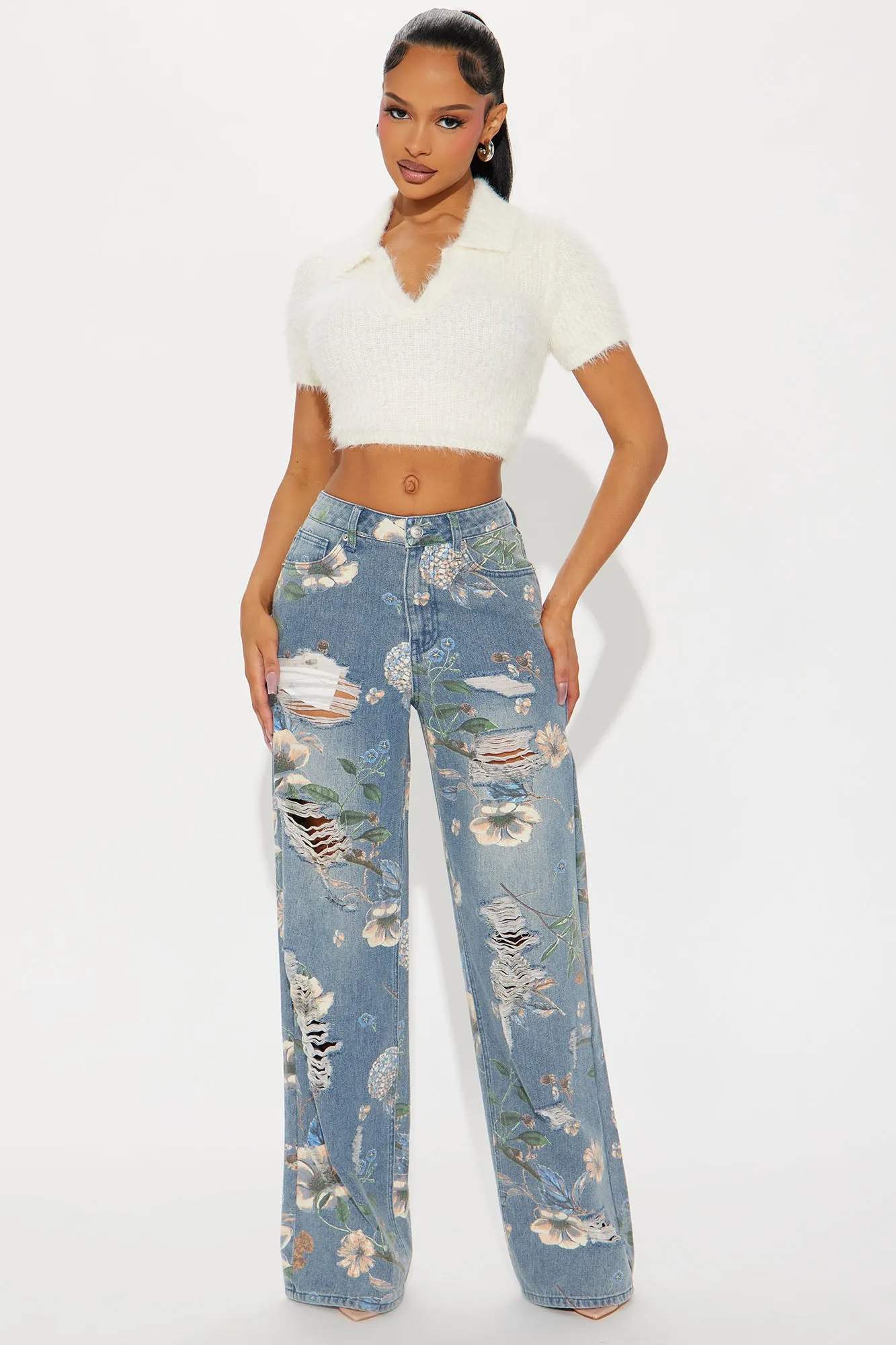 Blooming Love Floral Ripped Wide Leg Jeans - Medium Wash