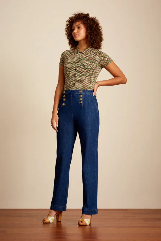 Broek met 8-knoops sluiting | King Louie Lara Sailor pants golden denim indigo blue