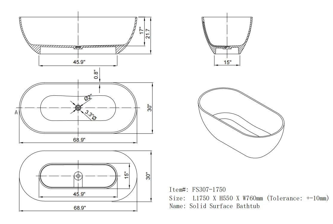 Claro 69" Transparent Solid Surface Freestanding  Bathtub - Grey