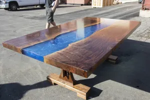 Claro Walnut and Deep Blue Resin Dining Table