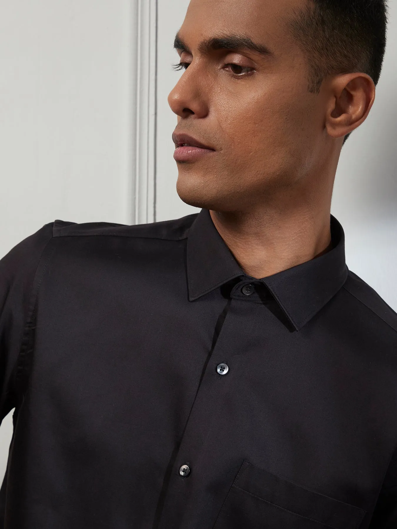 Cotton Black Plain Slim Fit Full Sleeve Ceremonial Shirt