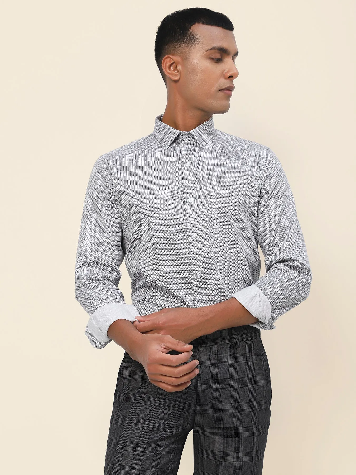 Cotton Grey Printed Full Sleeve Formal Shirt