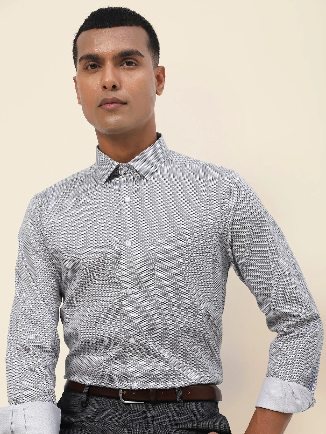 Cotton Grey Printed Full Sleeve Formal Shirt