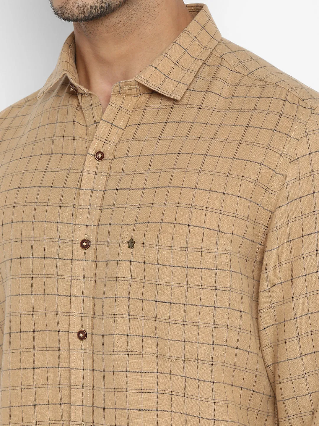 Cotton Linen Khaki Checkered Slim Fit Casual Shirt