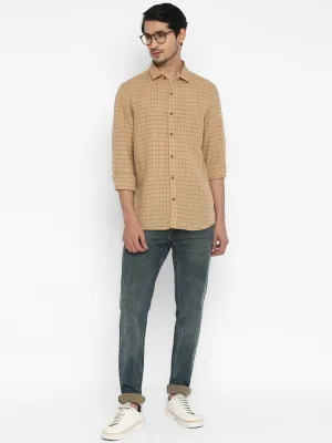 Cotton Linen Khaki Checkered Slim Fit Casual Shirt