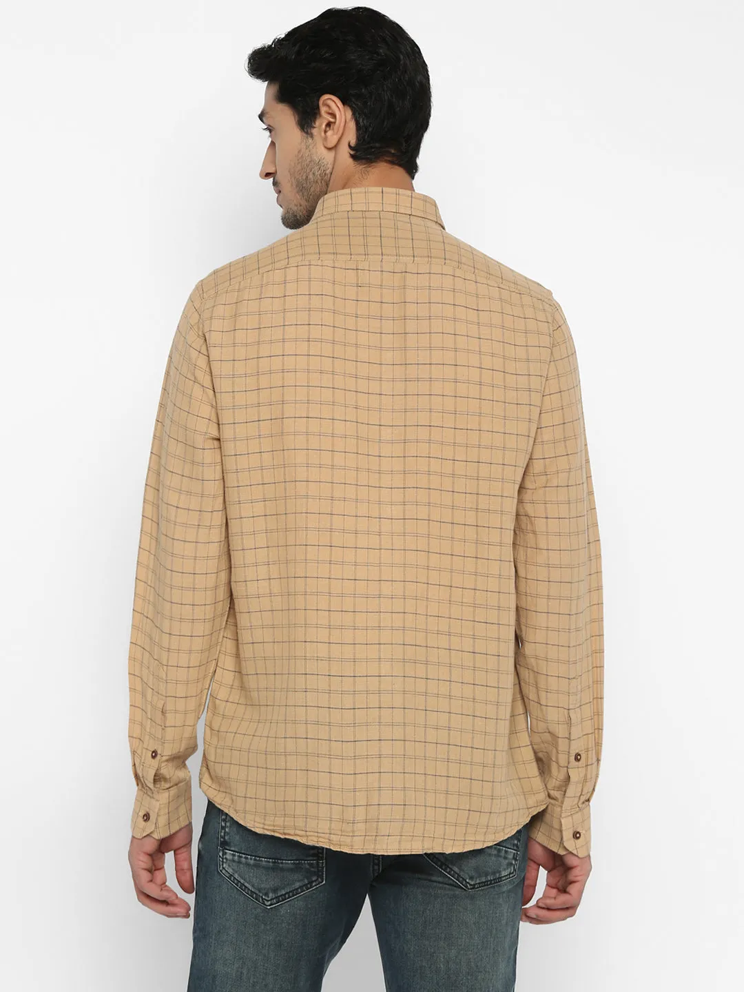 Cotton Linen Khaki Checkered Slim Fit Casual Shirt