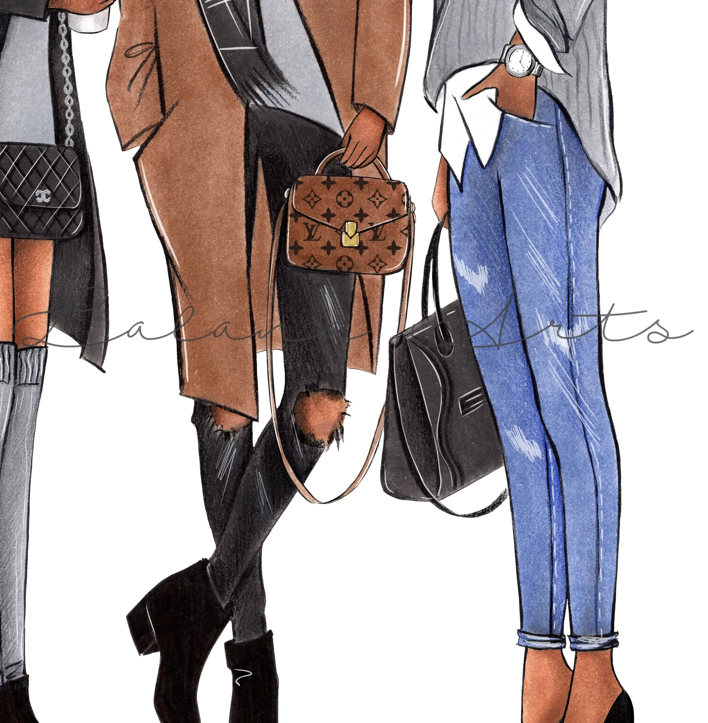 Fall fashion illustration art print in cozy beige tones of 3 ladies in casual outfit