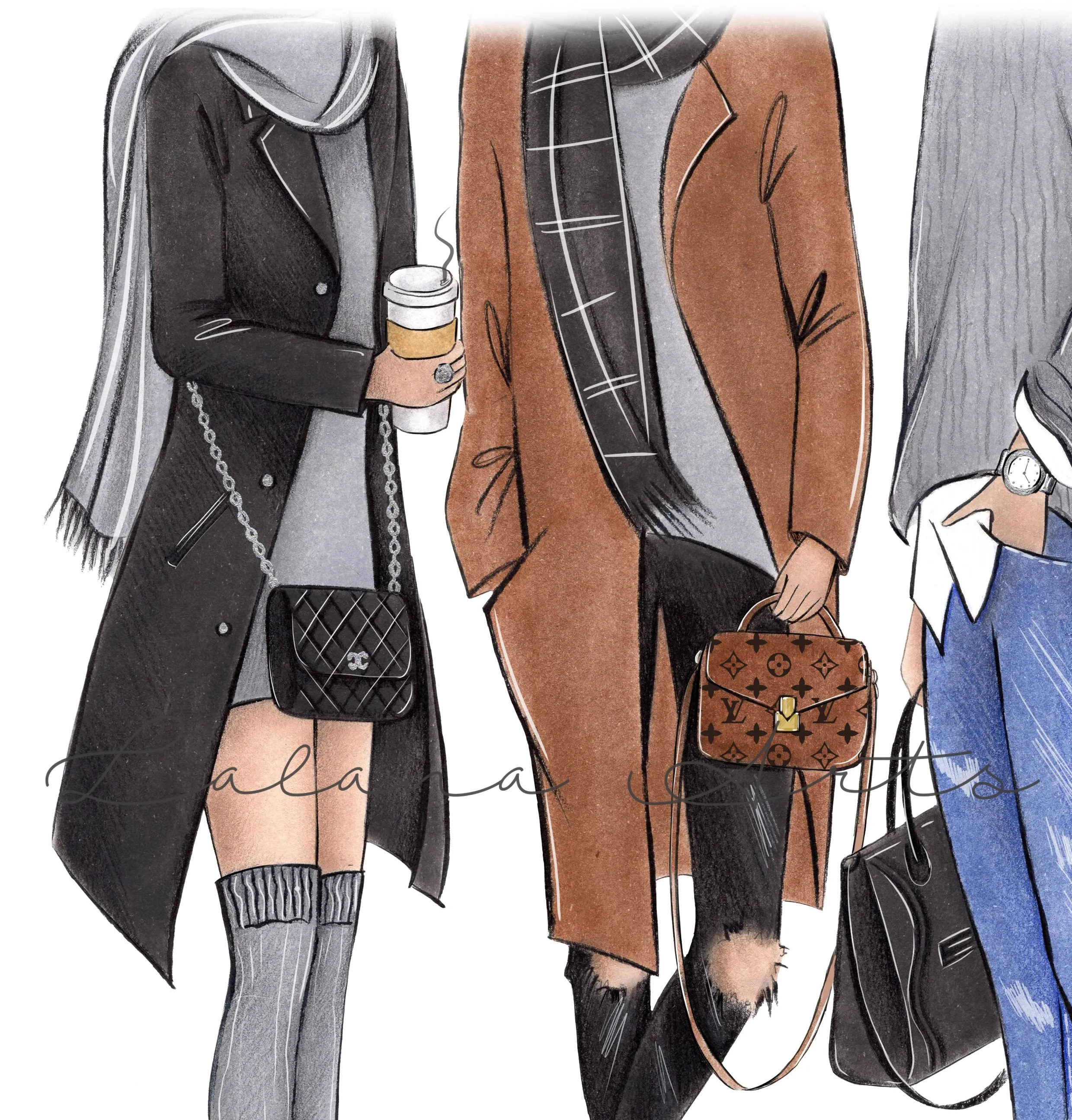 Fall fashion illustration art print in cozy beige tones of 3 ladies in casual outfit