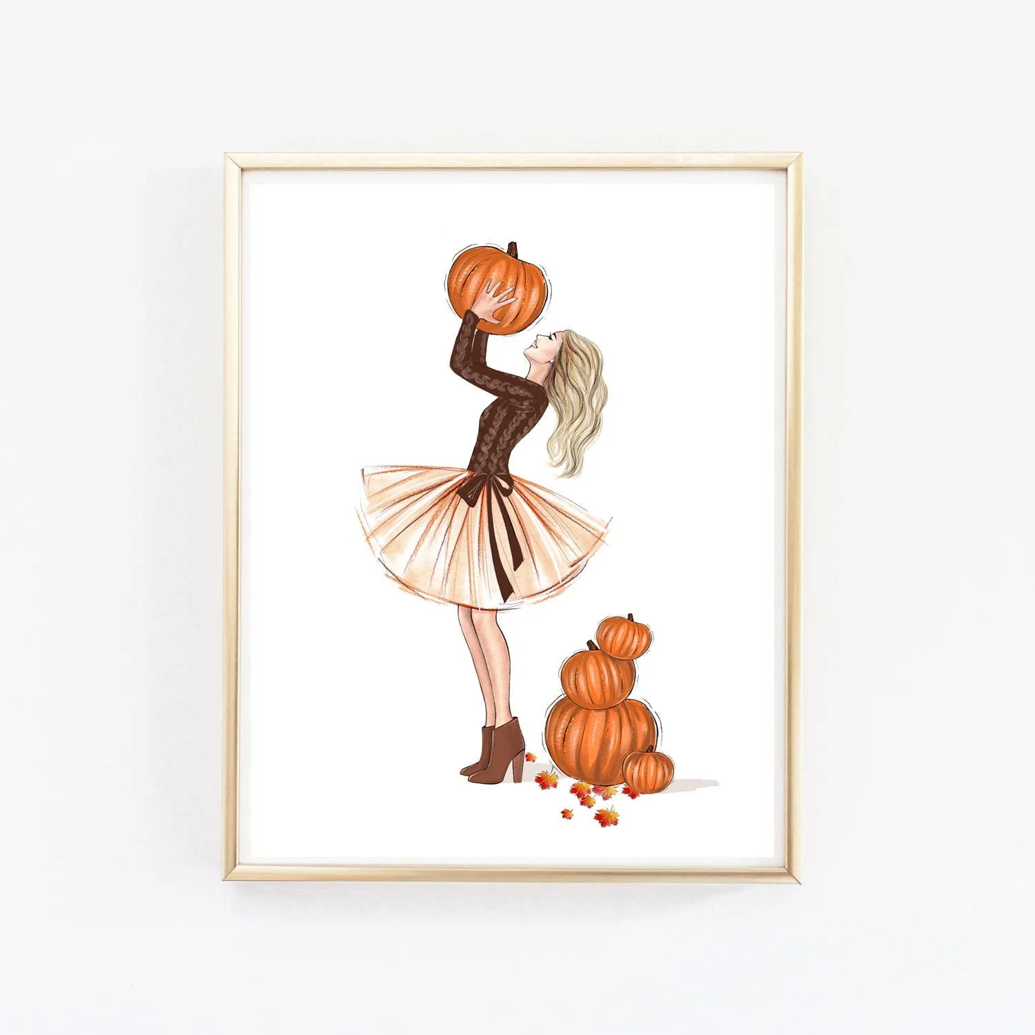 Fall fashion illustration art print of a girl with pumpkins