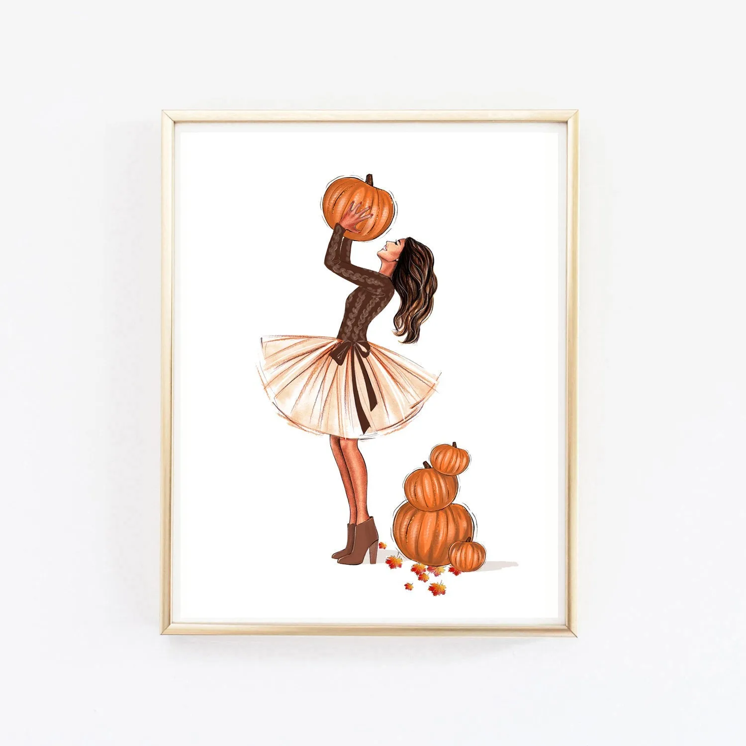 Fall fashion illustration art print of a girl with pumpkins