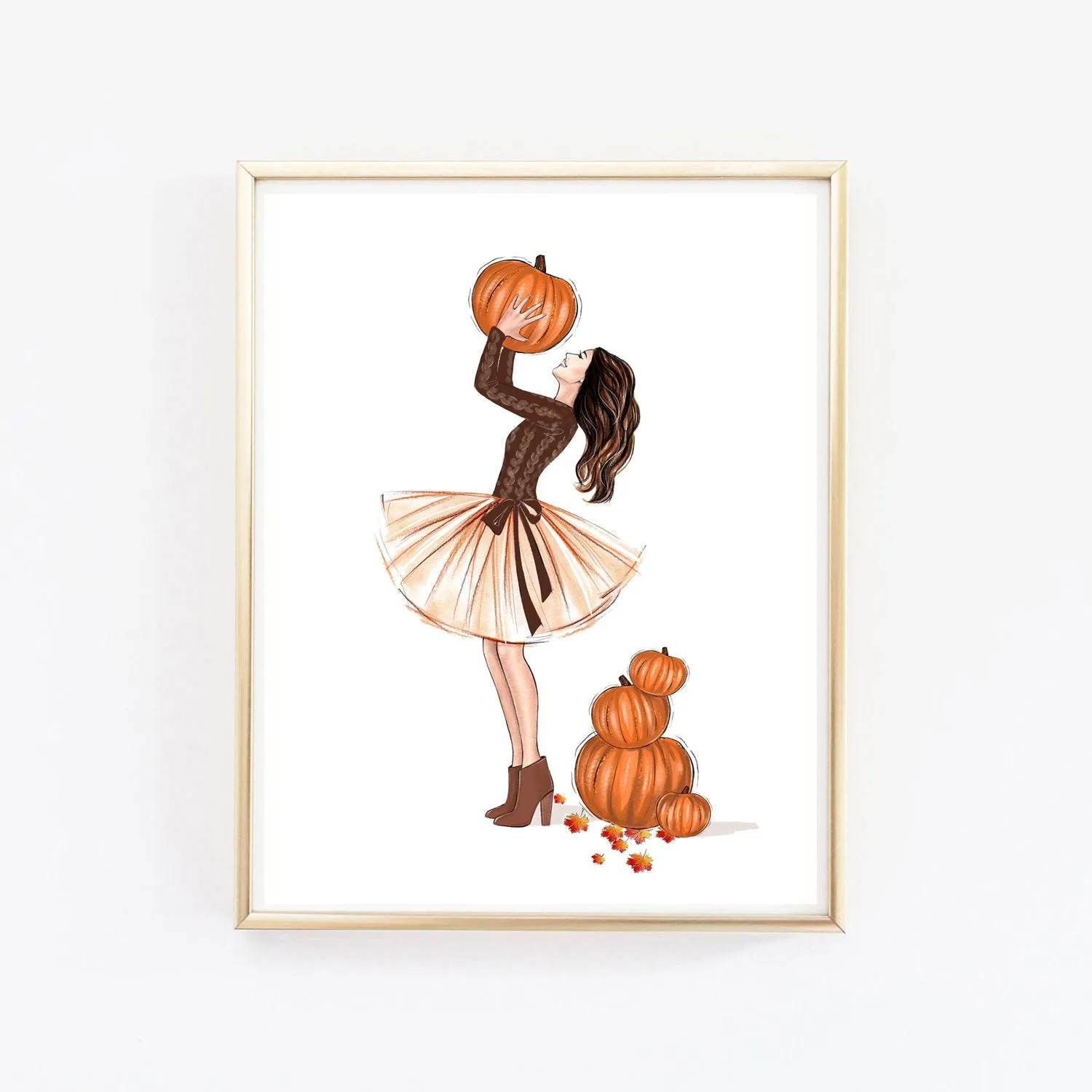 Fall fashion illustration art print of a girl with pumpkins