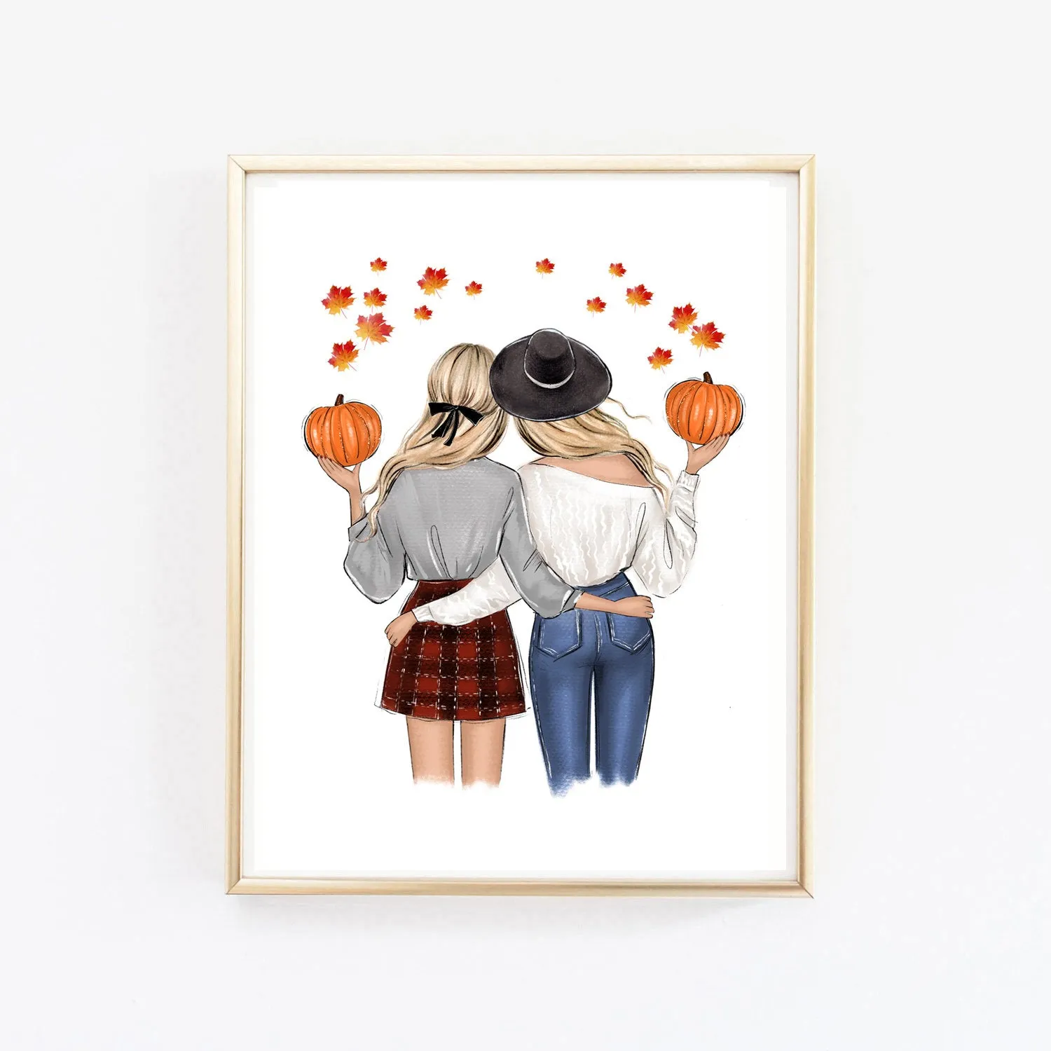 Fall fashion illustration art print of a girlfriends with pumpkins