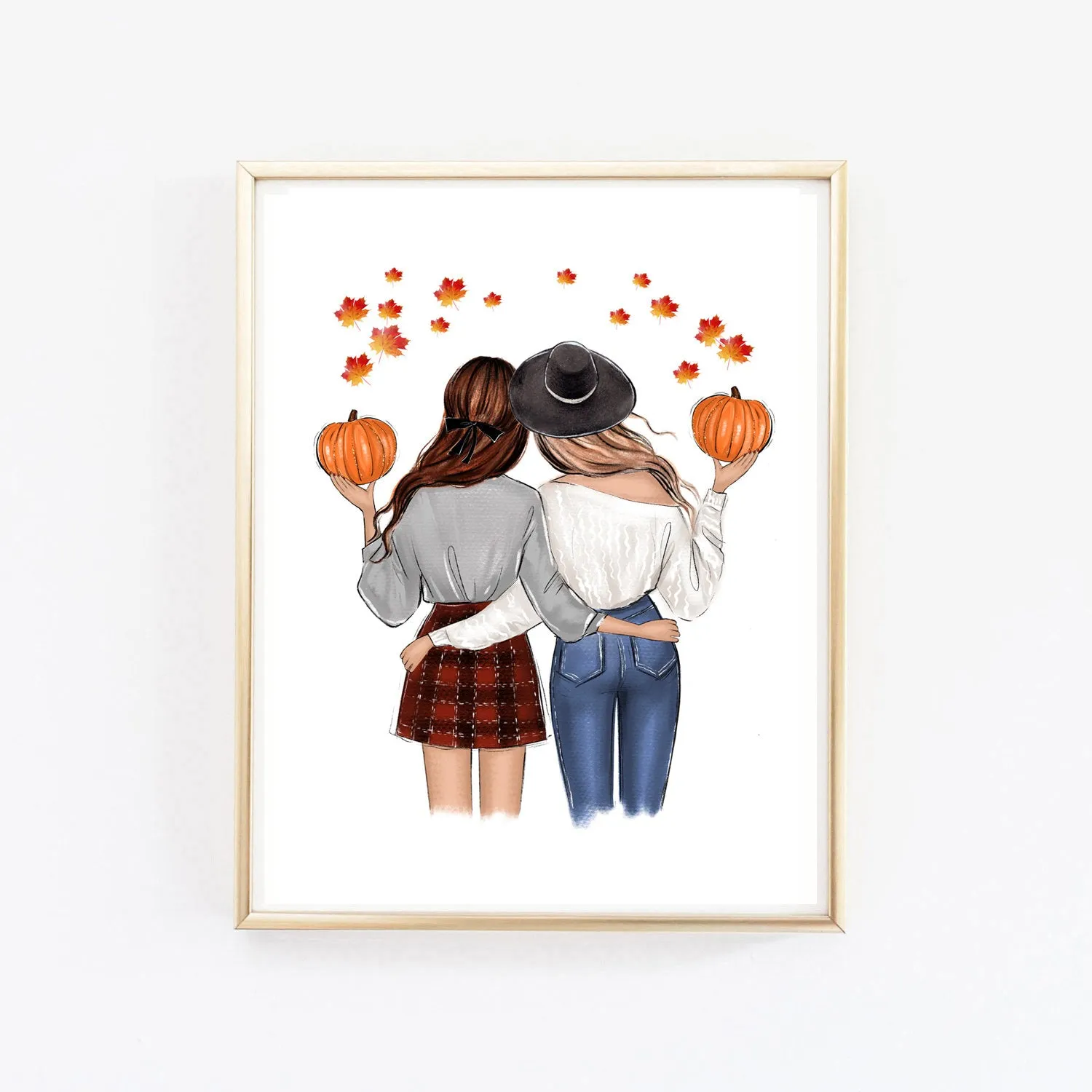 Fall fashion illustration art print of a girlfriends with pumpkins