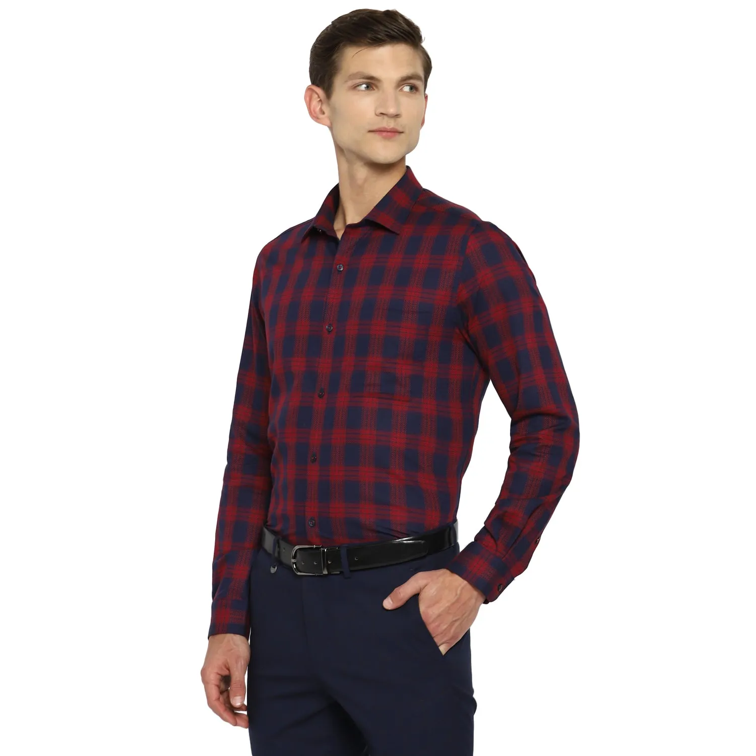 Navy Cotton Checked Slim Fit Shirts