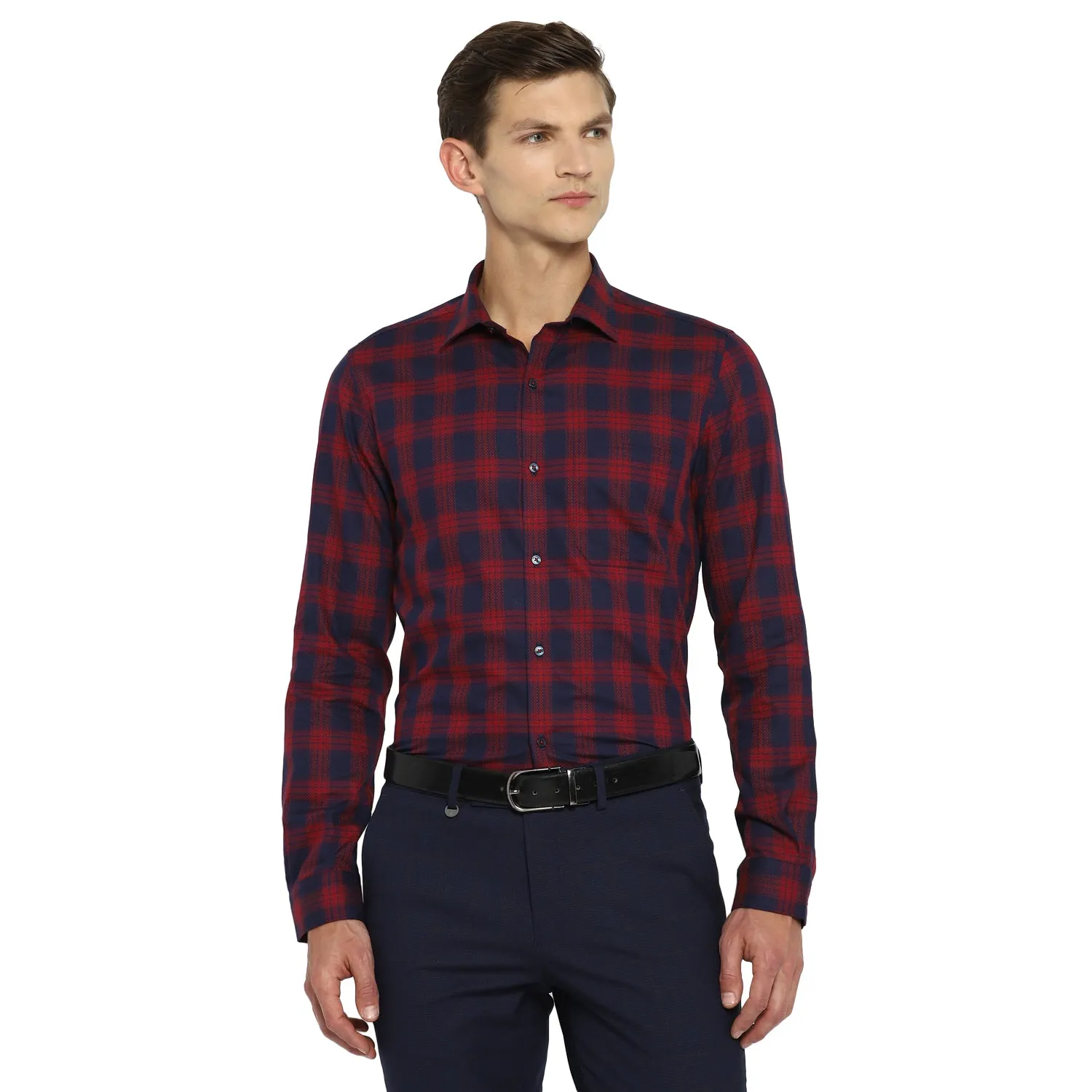 Navy Cotton Checked Slim Fit Shirts