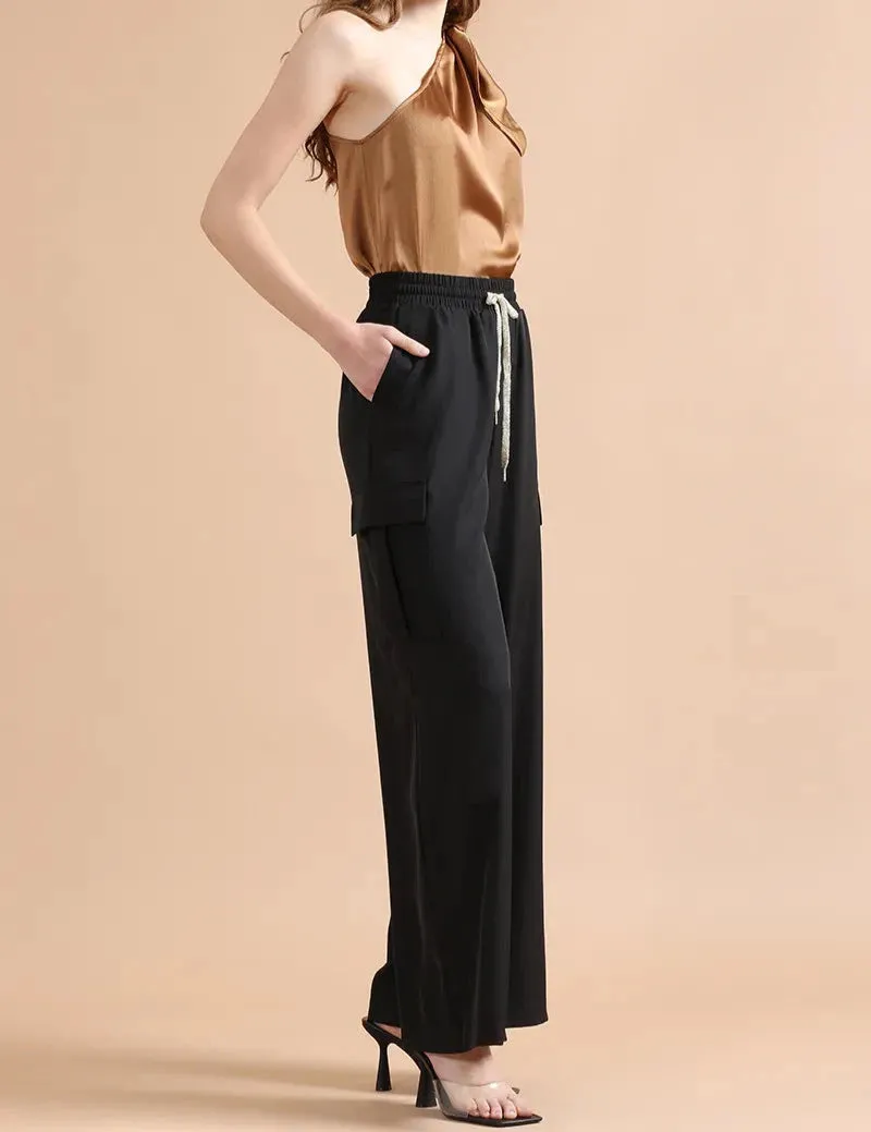 Pantalón Mujer Ancho Cargo Tiro Alto, Negro