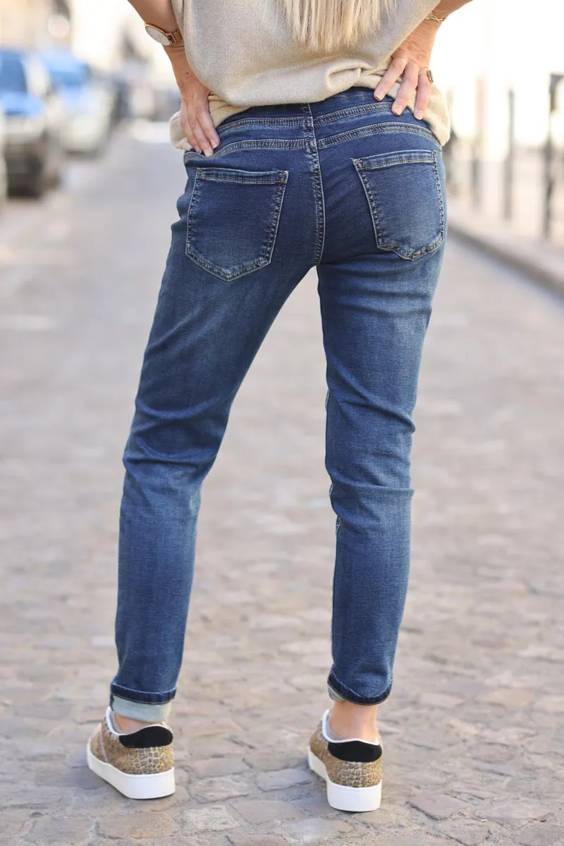 Pantalon confort slim denim ceinture élastique brillante