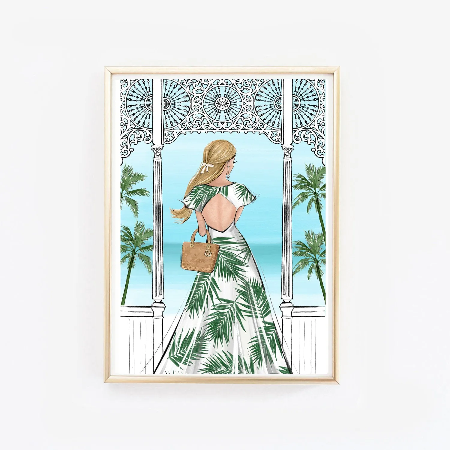 Summer vibes fashion illustration of a girl in tropical print dress in the terrace with sea viewtion