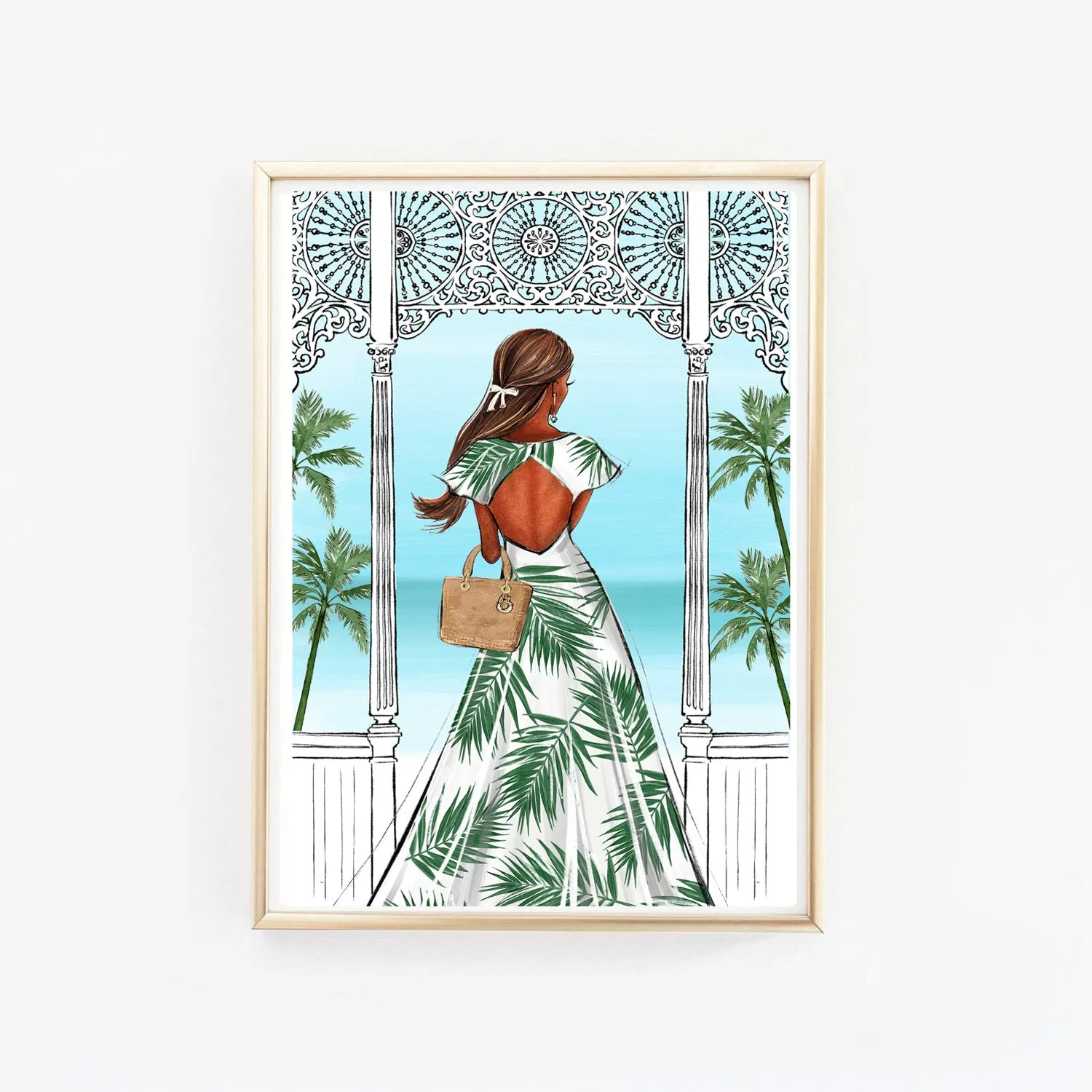 Summer vibes fashion illustration of a girl in tropical print dress in the terrace with sea viewtion