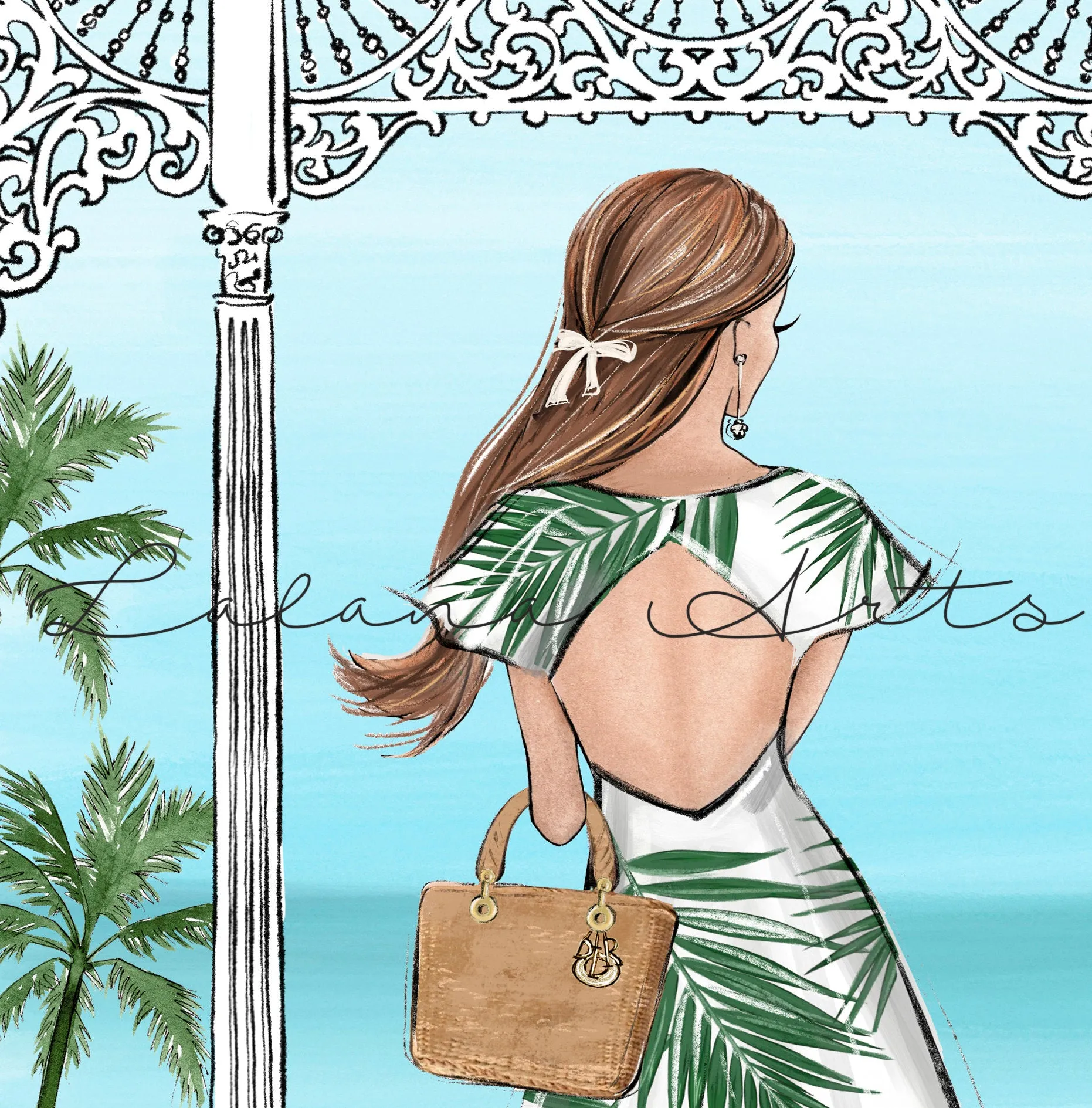 Summer vibes fashion illustration of a girl in tropical print dress in the terrace with sea viewtion