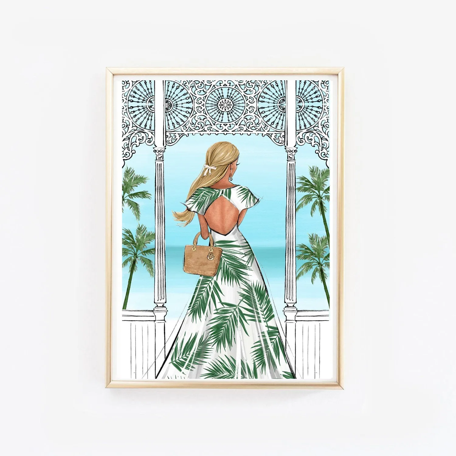 Summer vibes fashion illustration of a girl in tropical print dress in the terrace with sea viewtion