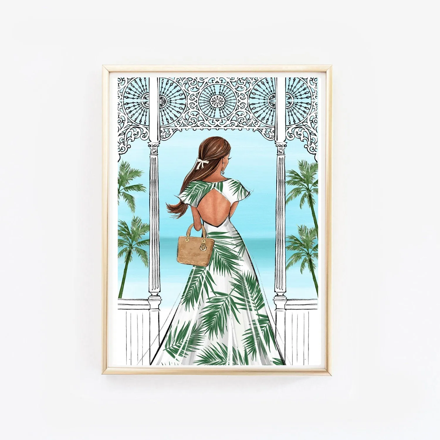 Summer vibes fashion illustration of a girl in tropical print dress in the terrace with sea viewtion