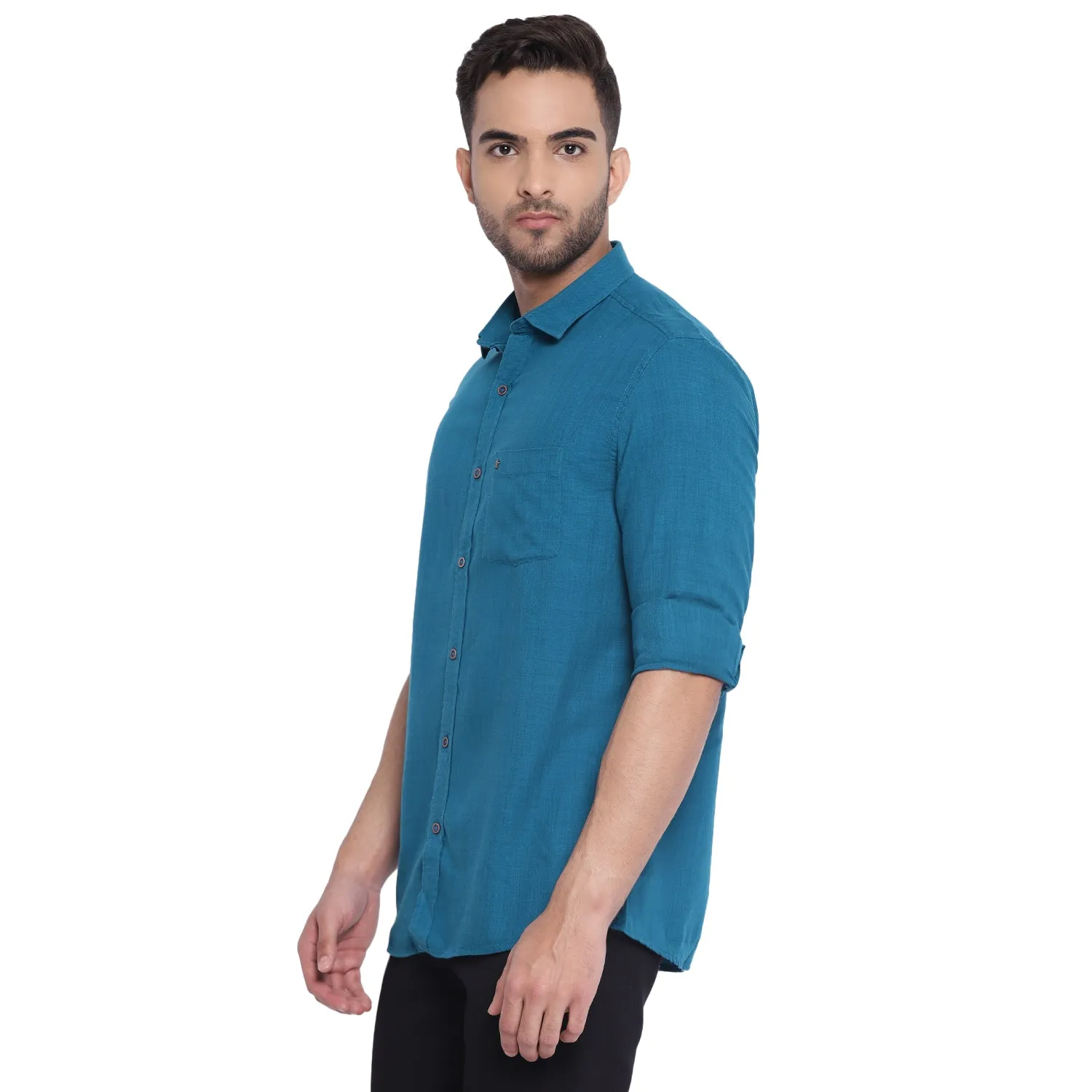 Turtle Men Blue Cotton Solid Slim Fit Shirts