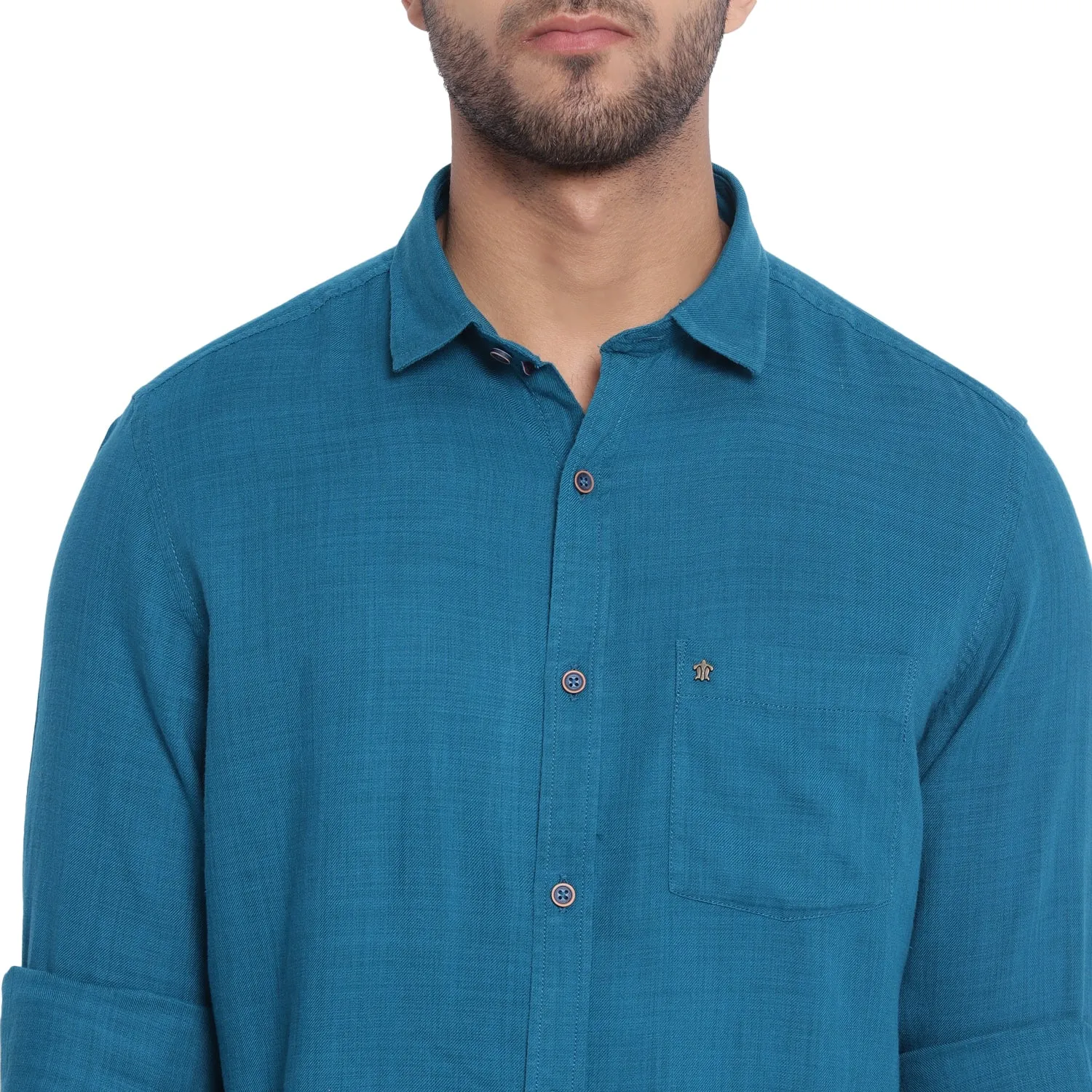 Turtle Men Blue Cotton Solid Slim Fit Shirts