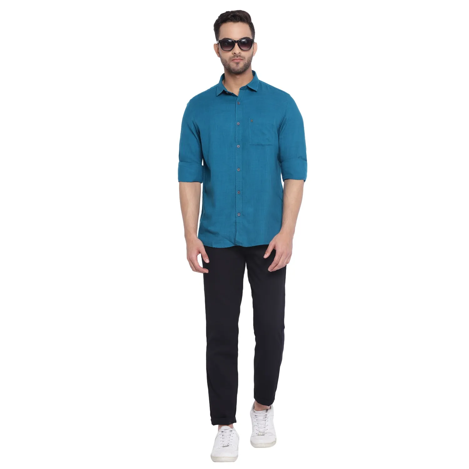 Turtle Men Blue Cotton Solid Slim Fit Shirts