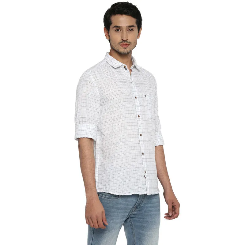 Turtle Men Cotton Linen White Checkered Slim Fit Shirts