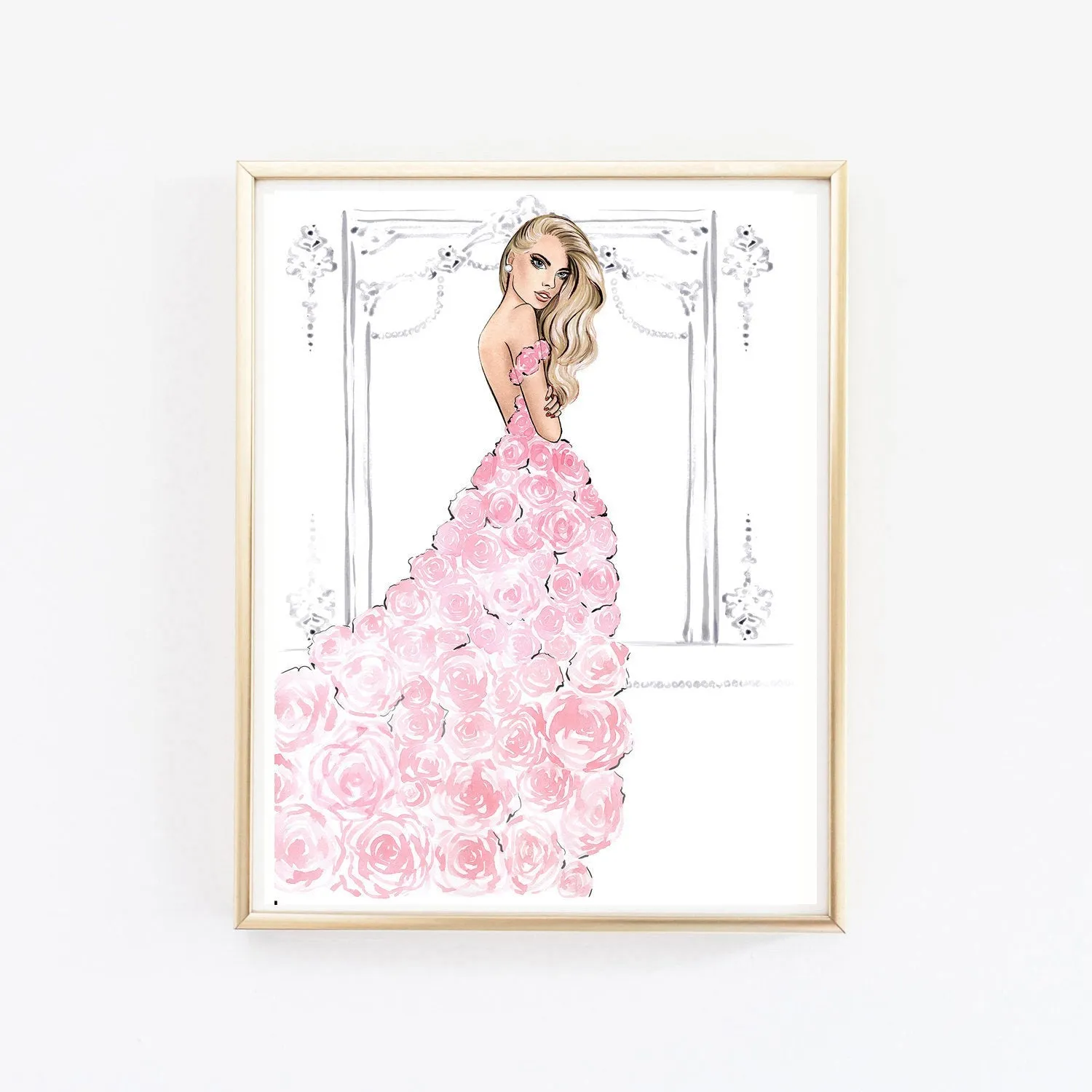 Watercolor Fashion Wall Art Dress Illustration Pink Rose Art Princess Bedroom Art Fashion Illustration Rose Painting Fashion Poster Art