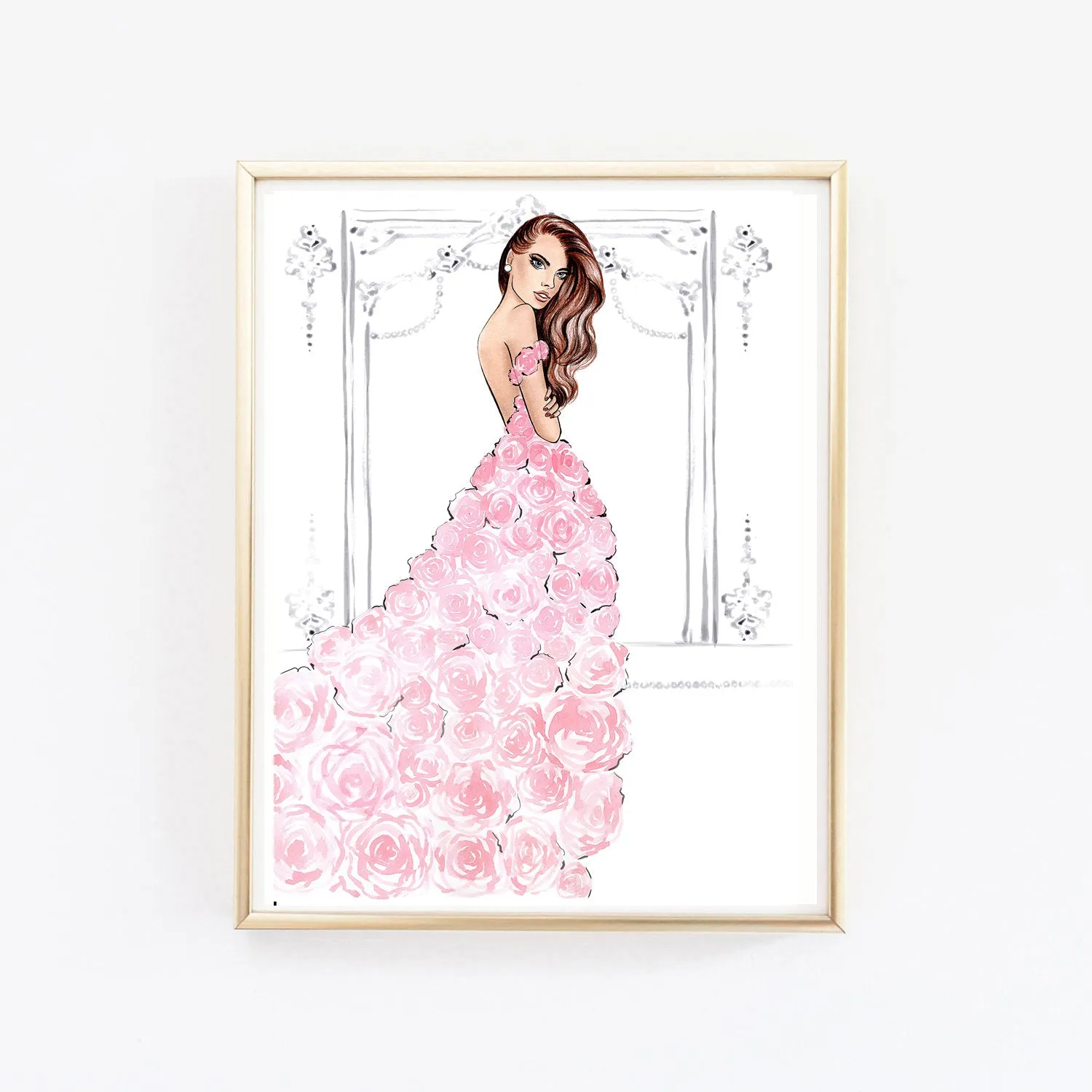 Watercolor Fashion Wall Art Dress Illustration Pink Rose Art Princess Bedroom Art Fashion Illustration Rose Painting Fashion Poster Art